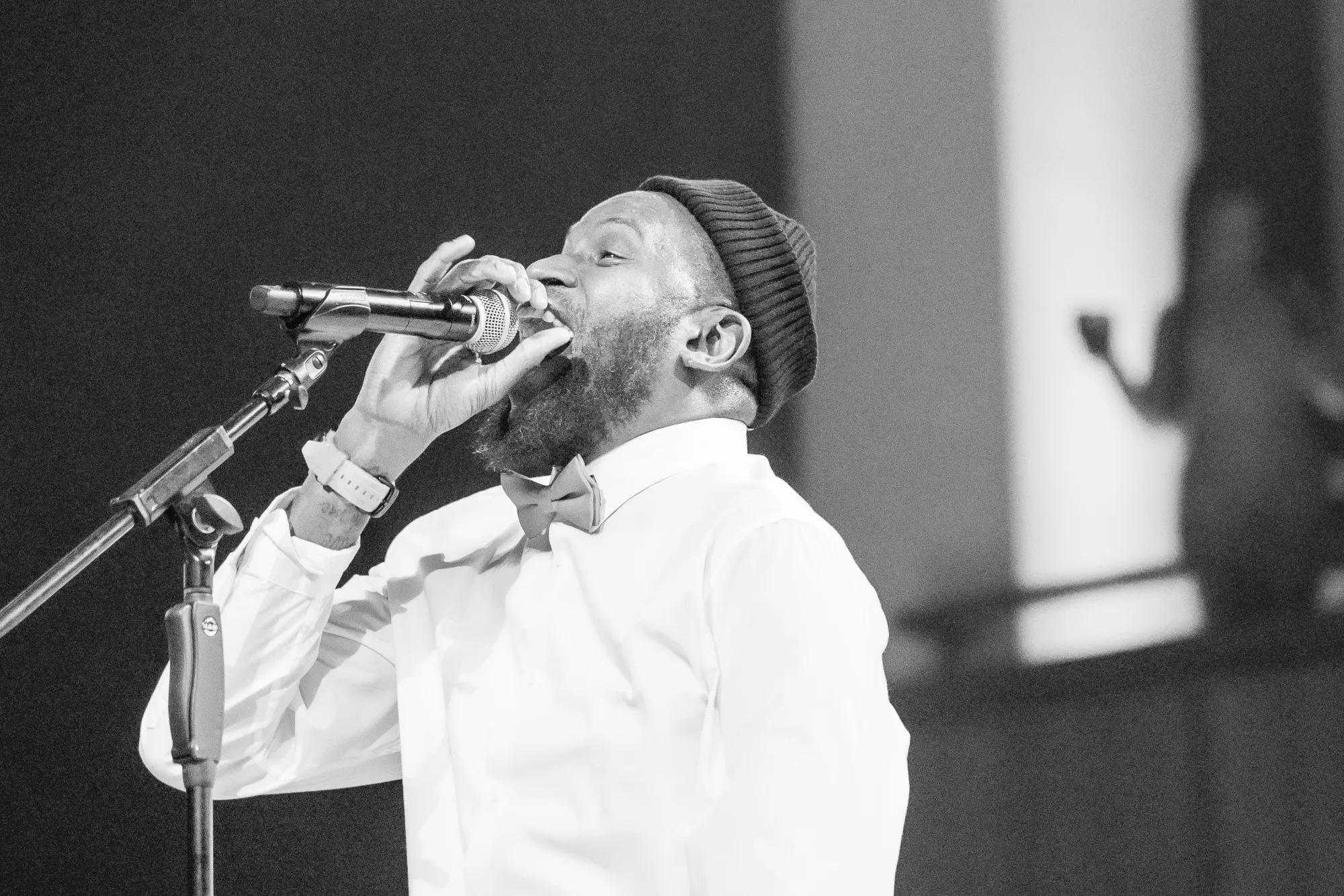 Anwan “Big G” Glover, musical director of the Go-Go Museum and Cafe and lead vocalist for the Backyard Band, performs at the “For the Love of Go-Go”&nbsp;event at The Kennedy Center on Feb. 14.