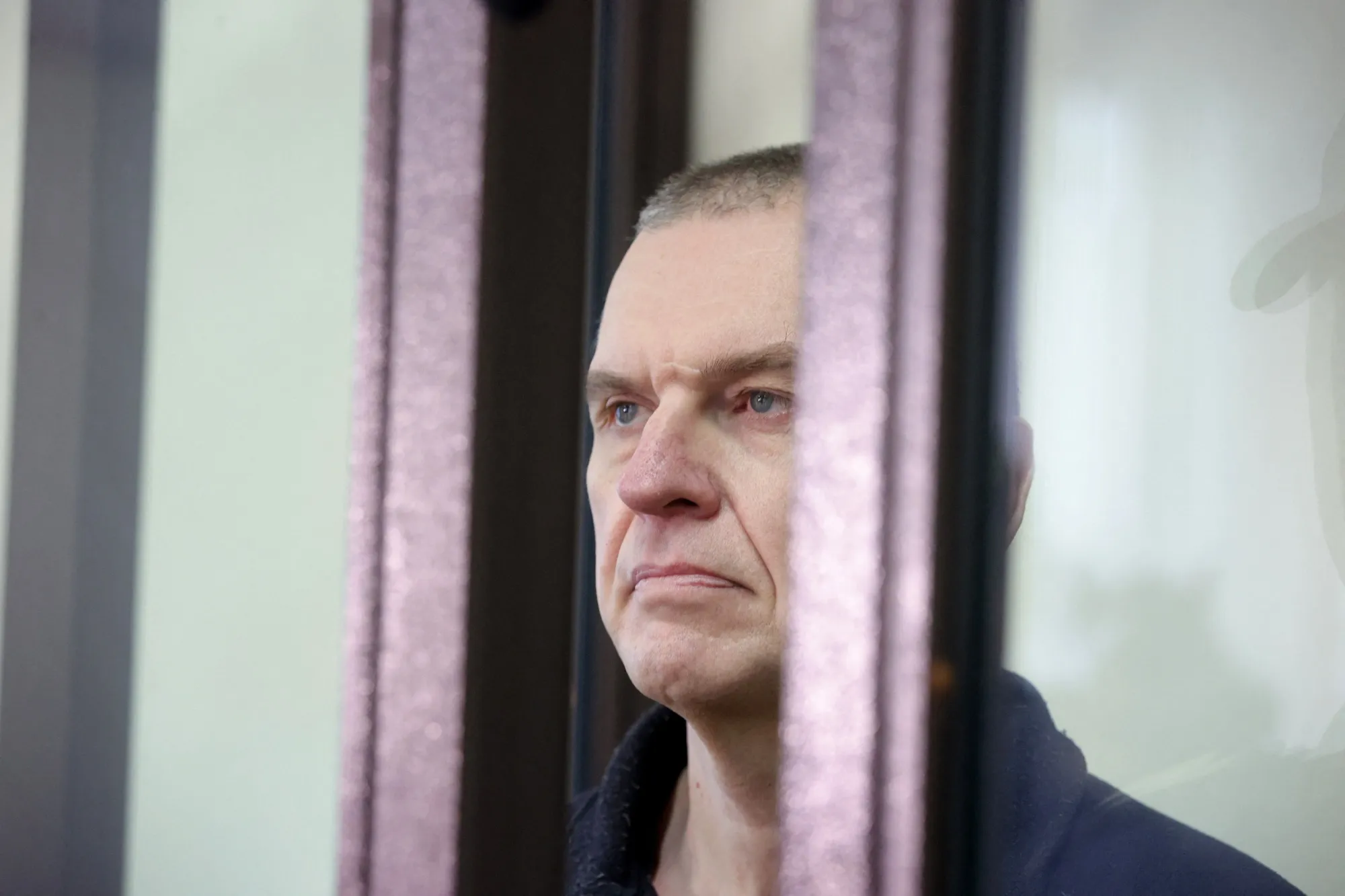 Andrzej Poczobut appears at regional court in Grodno, Belarus, in January.