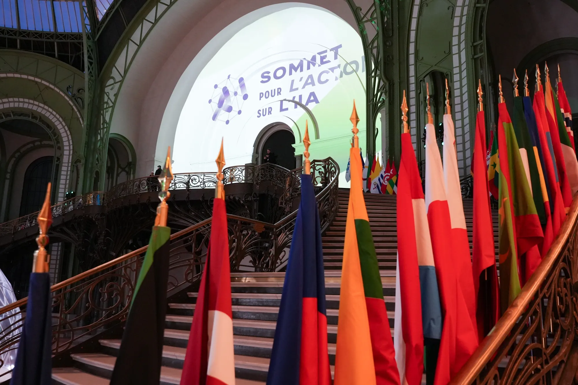 European flags near the AI Action Summit sign&nbsp;in Paris