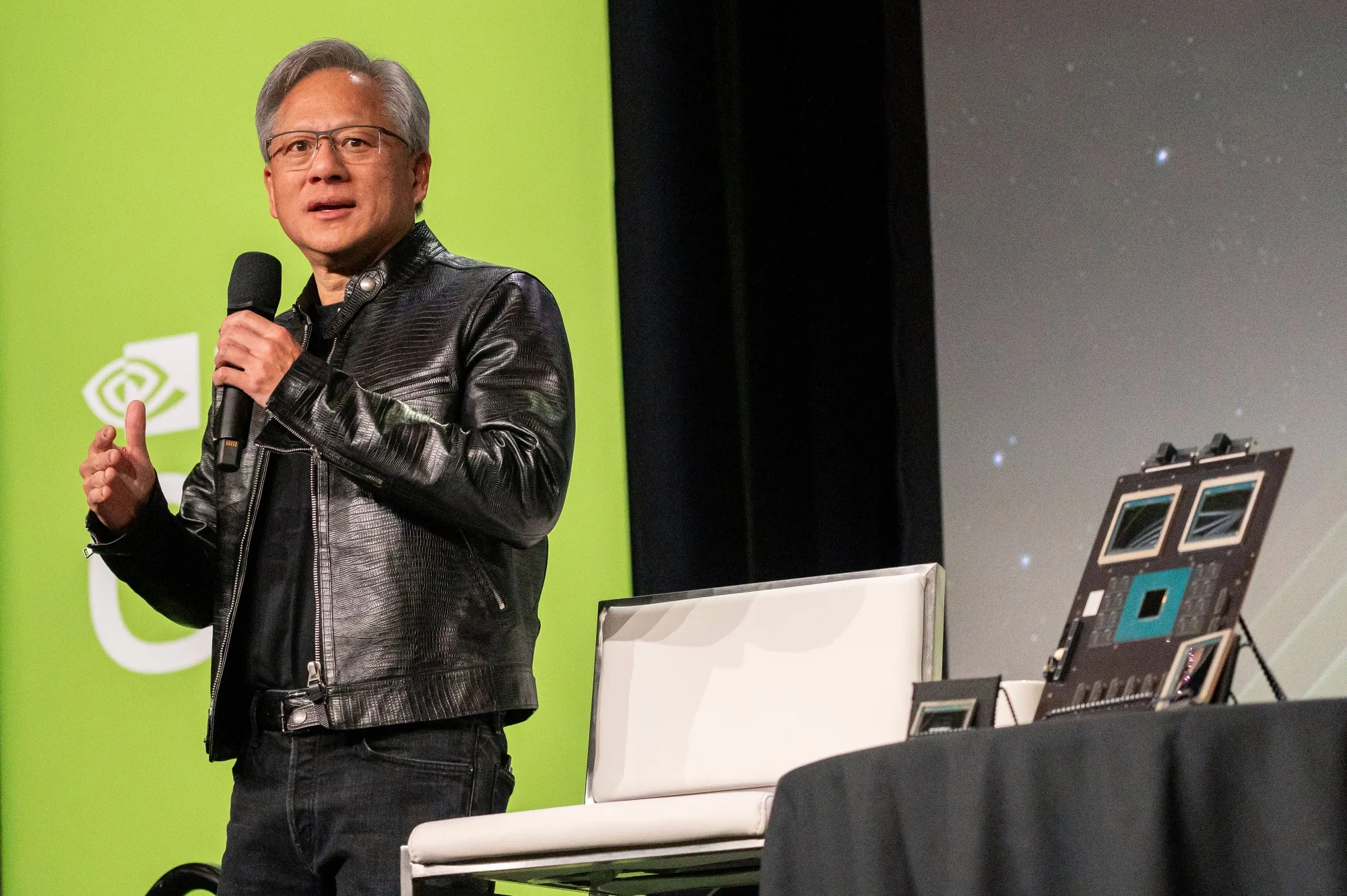Nvidia Corp. Chief Executive Officer Jensen Huang displays the company’s latest powerful chip for artificial intelligence during the Nvidia GPU Technology Conference (GTC) in San Jose, California.