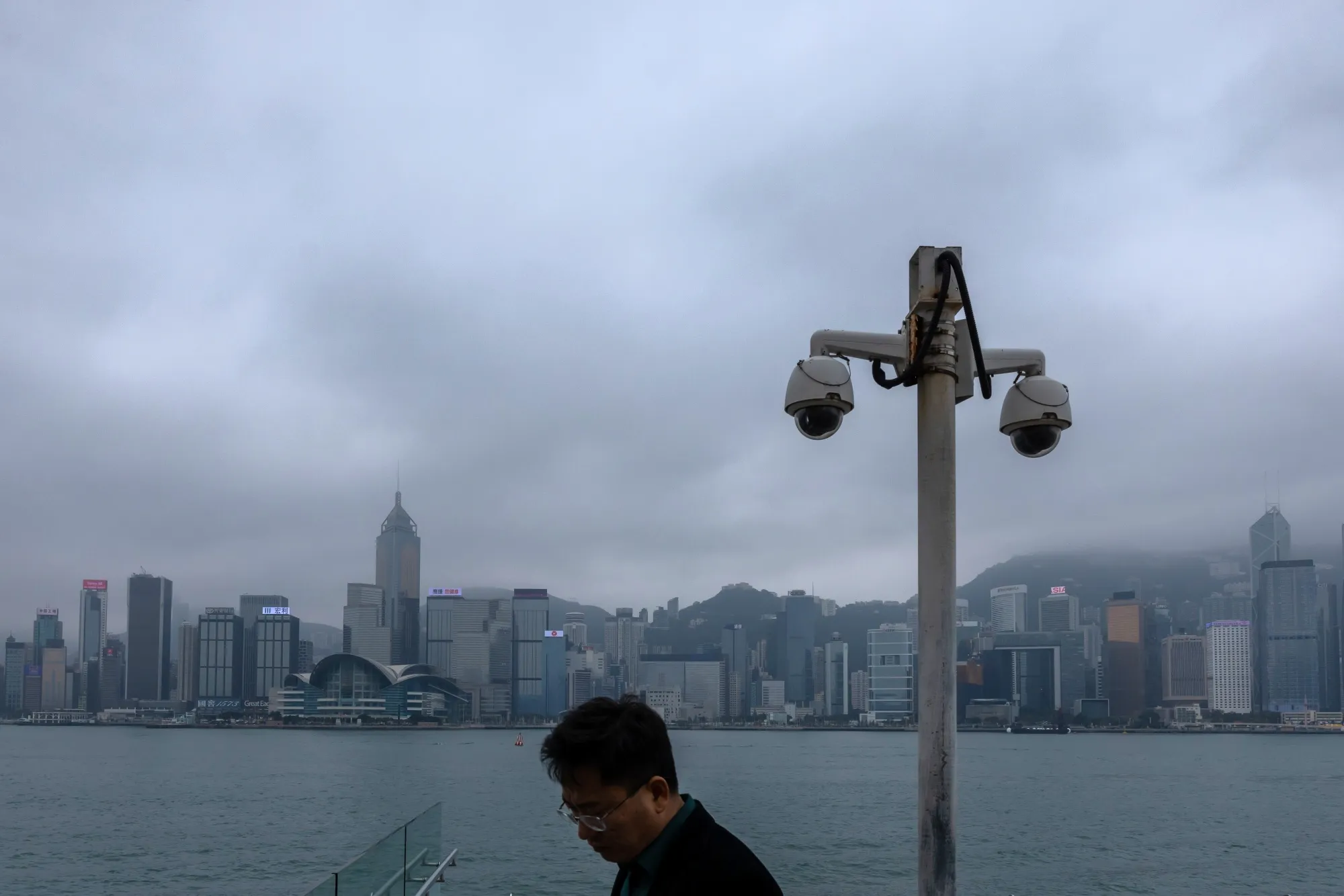 Surveillance cameras along the Tsim Sha Tsui promenade in Hong Kong.
