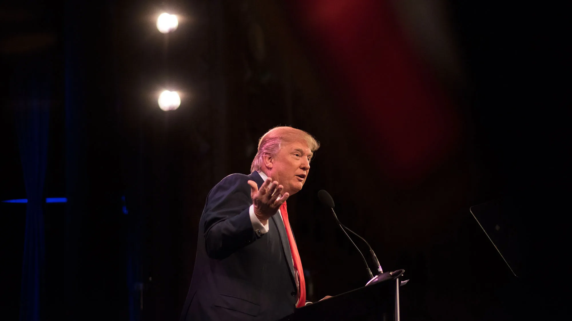 Donald Trump, president and chief executive officer of Trump Organization Inc., speaks during the Iowa Freedom Summit in Des Moines, Iowa, U.S., on Saturday, Jan. 24, 2015.
