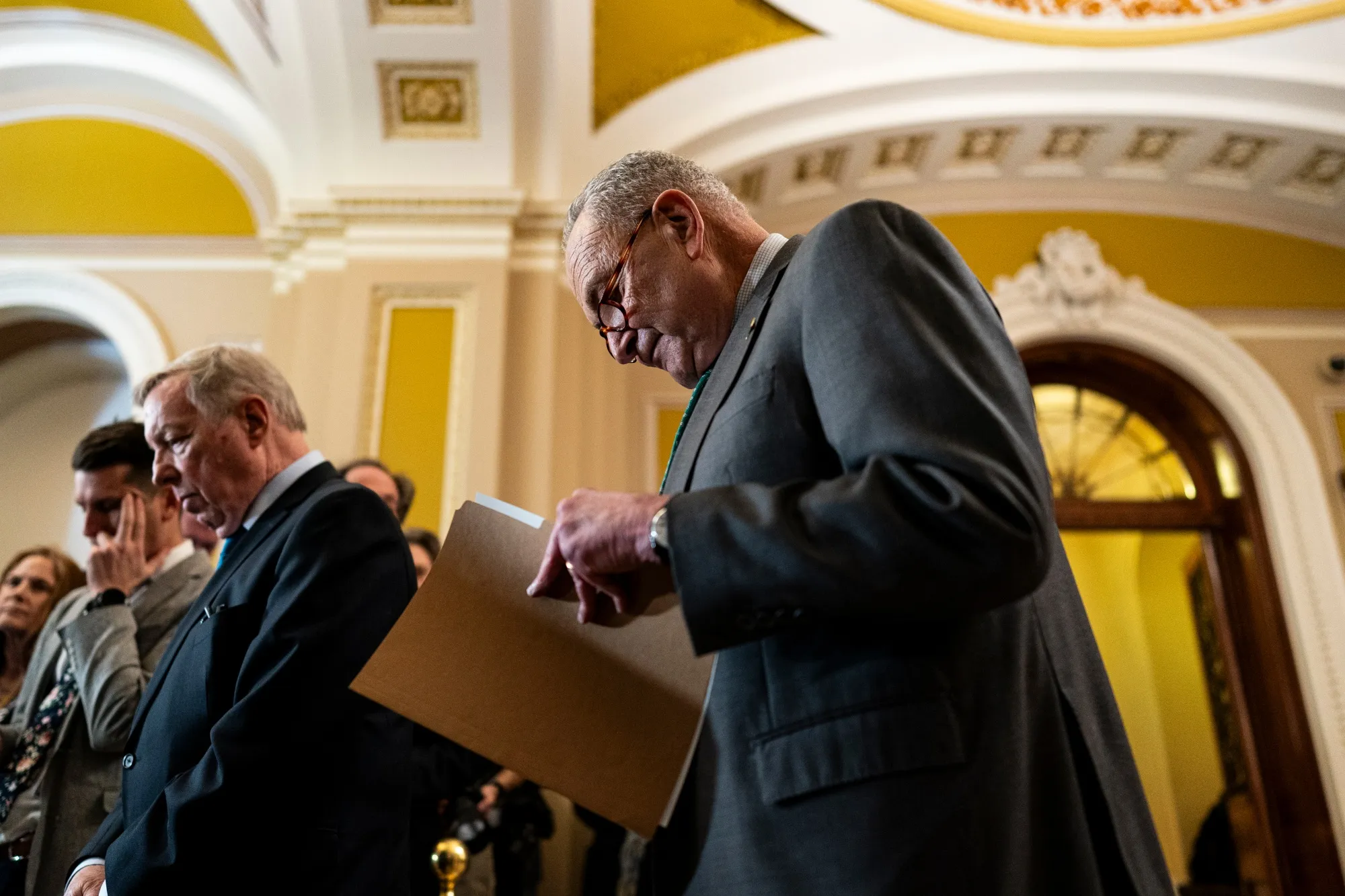 Senate Minority Leader Chuck Schumer, a Democrat from New York, during a news conference following the weekly Senate Democrat policy luncheon at the US Capitol in Washington, DC, US, on Tuesday, March 11, 2025. The House is scheduled to vote on a six-month spending bill that would make sure the whole government doesn't shut down, interrupting the fast start of President Donald Trump's second watch.