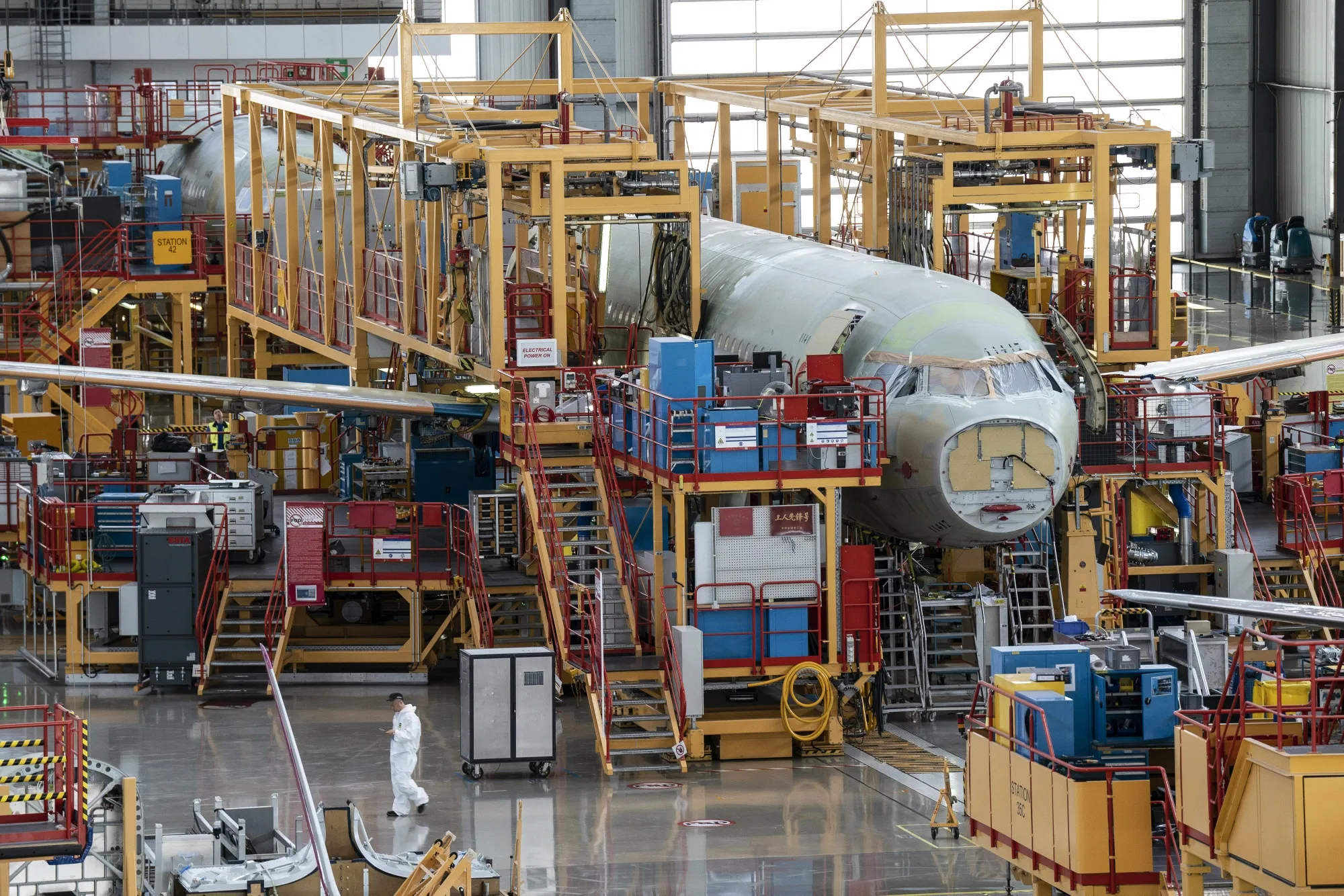 An aircraft assembled at the Airbus SE manufacturing plant.