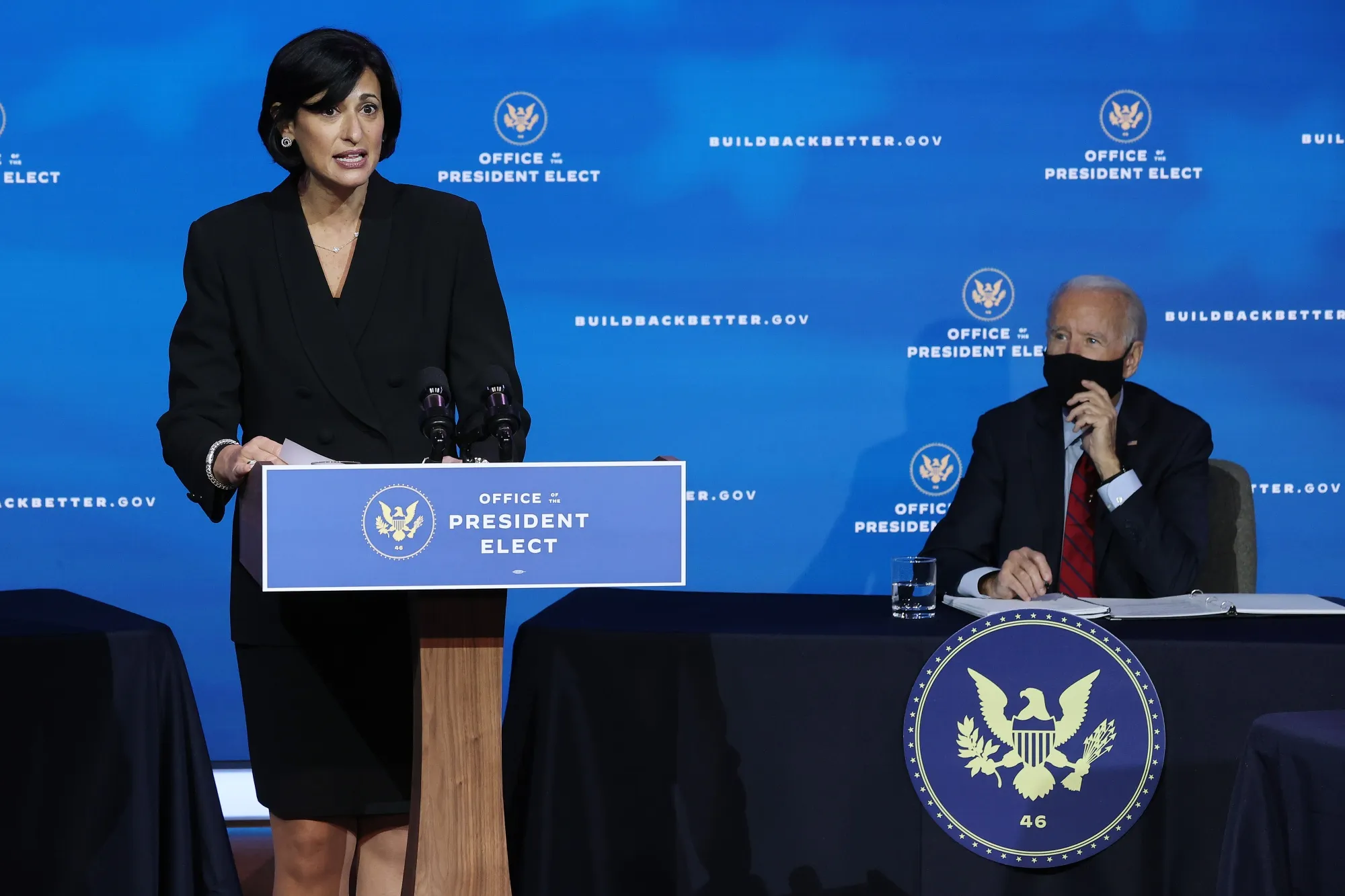 Rochelle Walensky speaks beside Joe Biden in Delaware on Dec. 8, 2020.