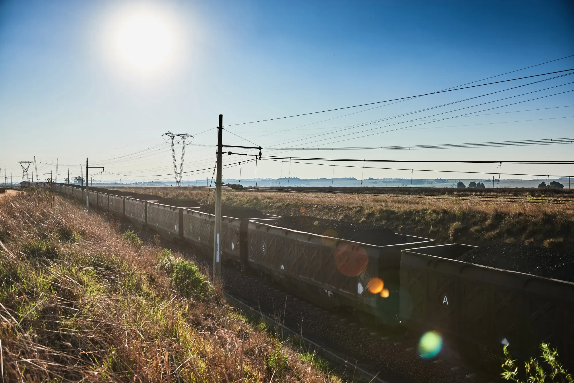 Freight wagons transport coal in Mpumalanga, South Africa.