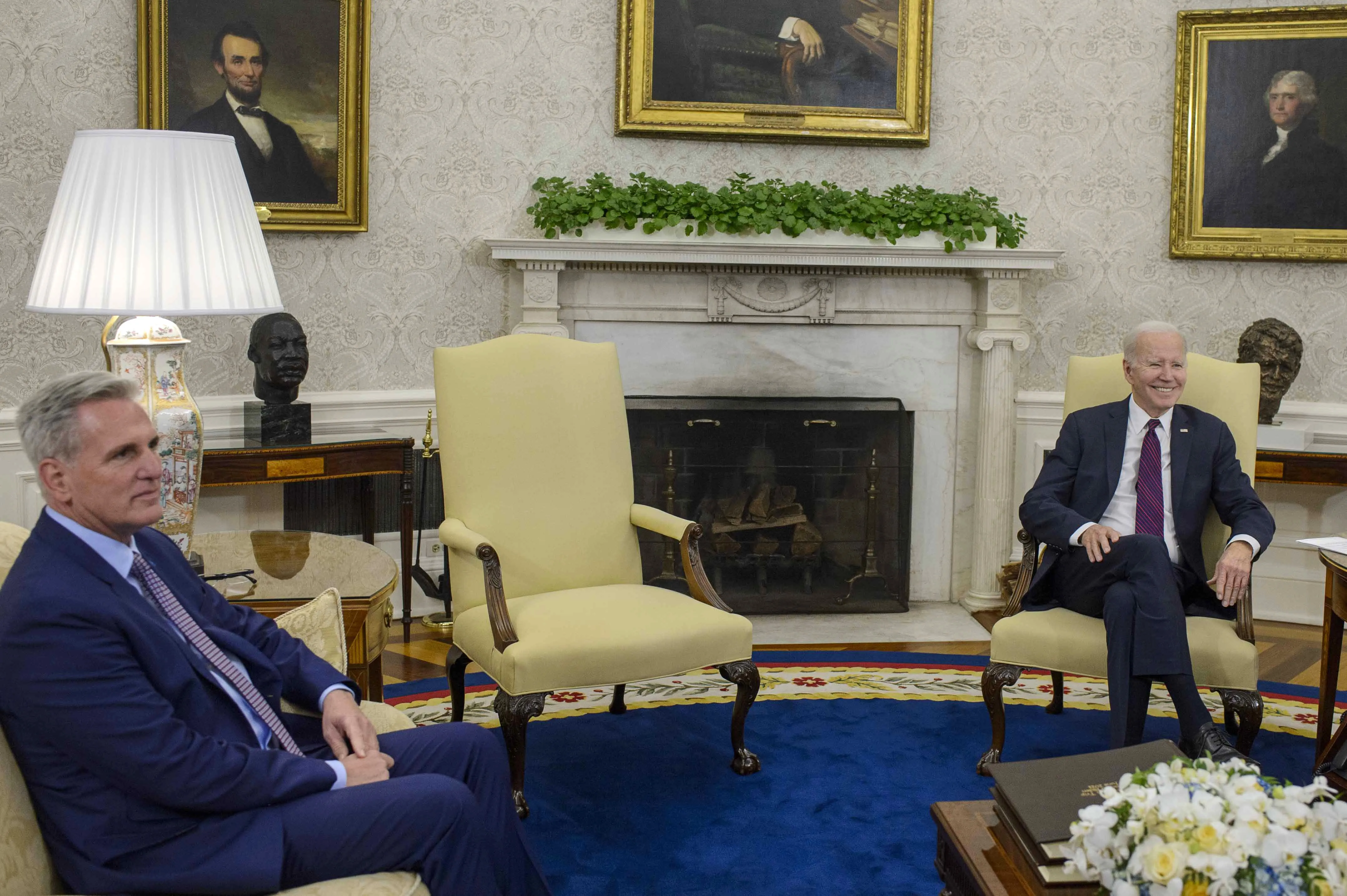 US President Joe Biden during a meeting with US House Speaker Kevin McCarthy, a Republican from California, left, in the Oval Office of the White House in Washington, DC, US, on Tuesday, May 9, 2023. 