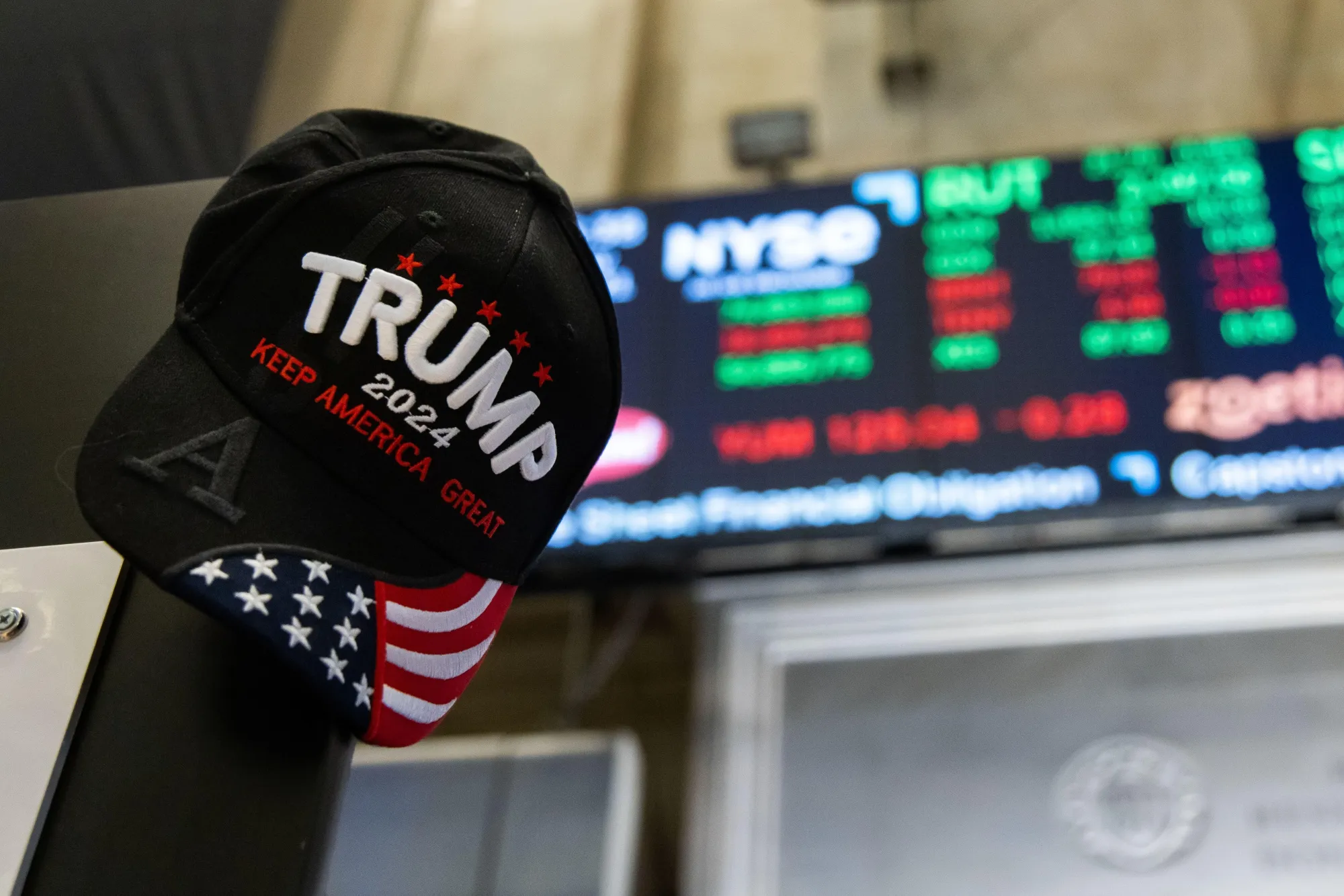 A Donald Trump 2024 campaign hat on the floor of the New York Stock Exchange.