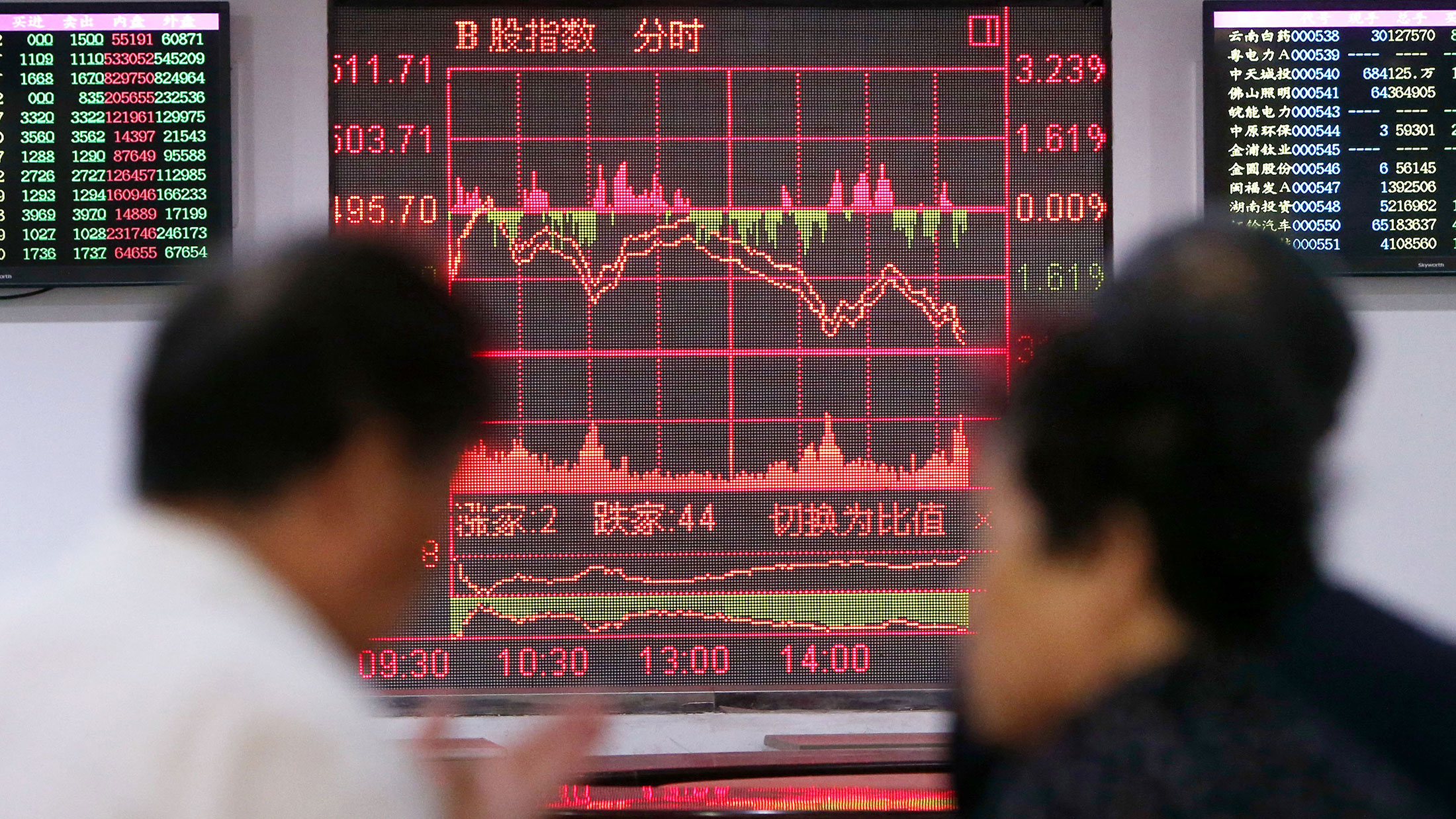 Investors look through stock information at a trading hall in a securities firm in Shanghai on June 19, 2015.
