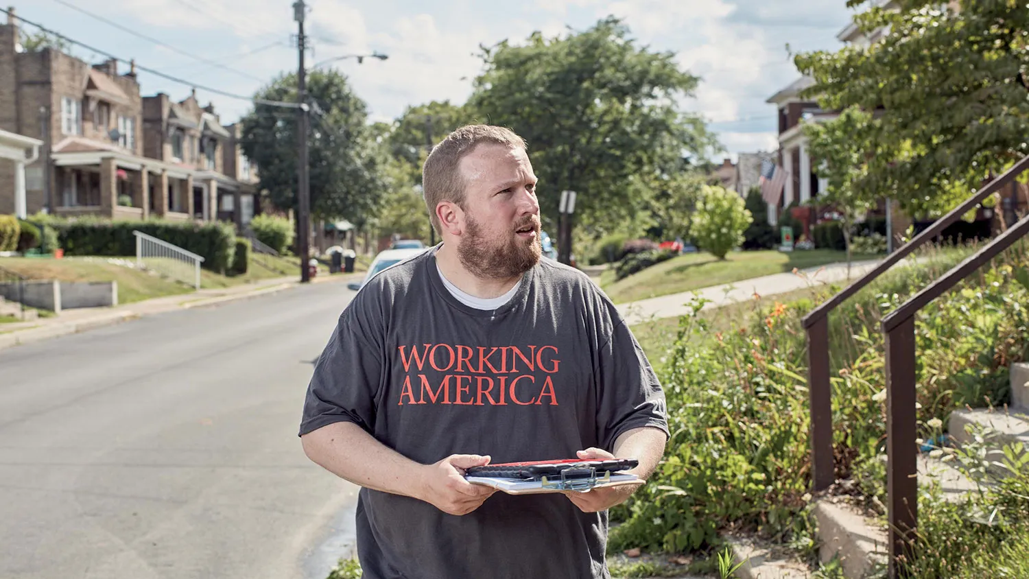 Working America's Todd Foose tries to sway suburban Pittsburgh voters to choose Clinton.

