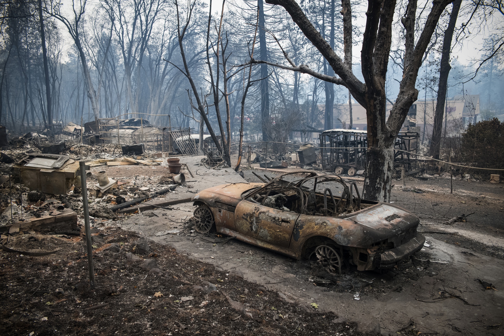A burned-out vehicle stands after the Camp Fire in Paradise, California in&nbsp;2018.