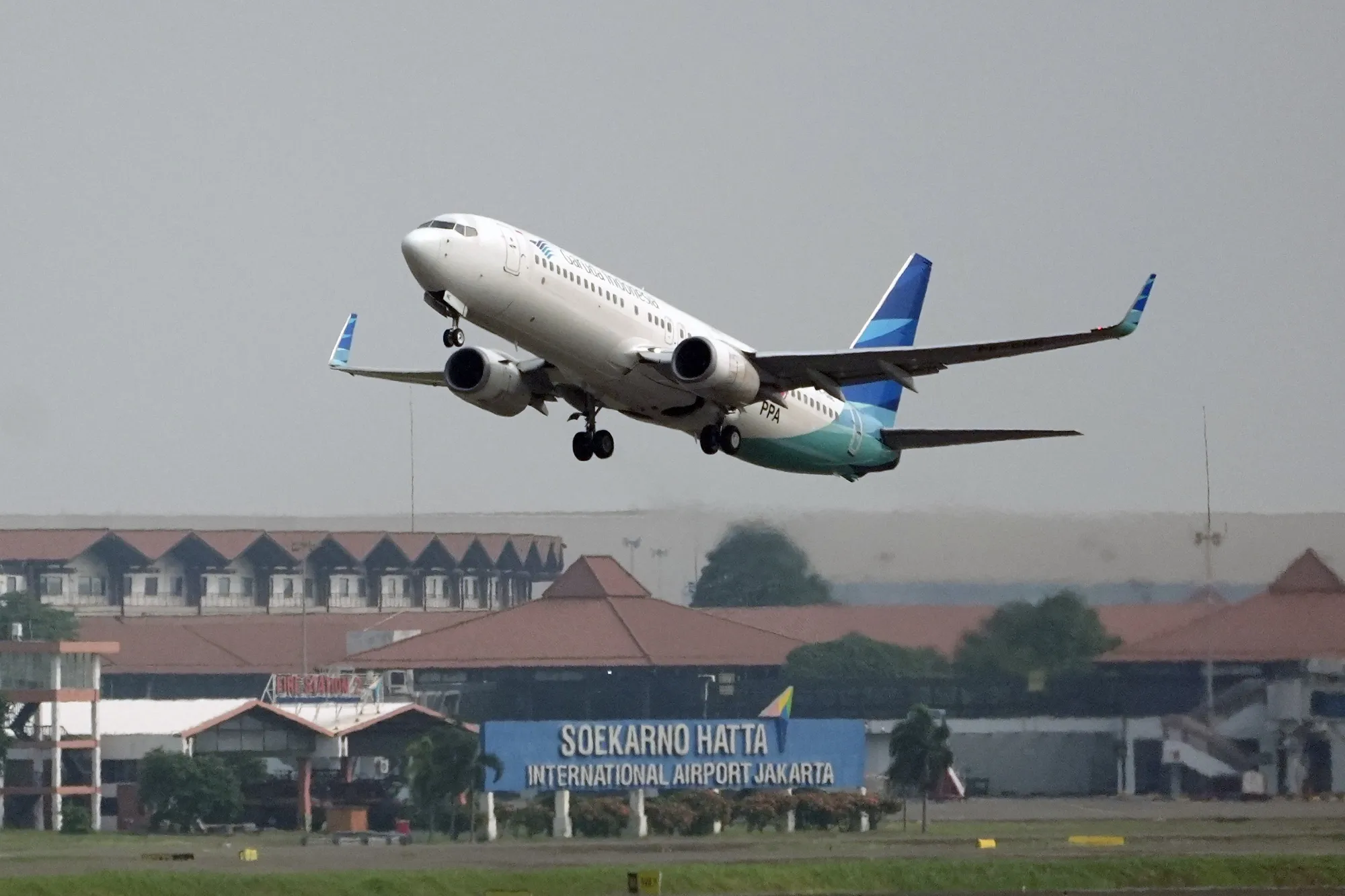 A PT Garuda Indonesia aircraft takes off at Soekarno-Hatta International Airport in Cengkareng, Indonesia.&nbsp;