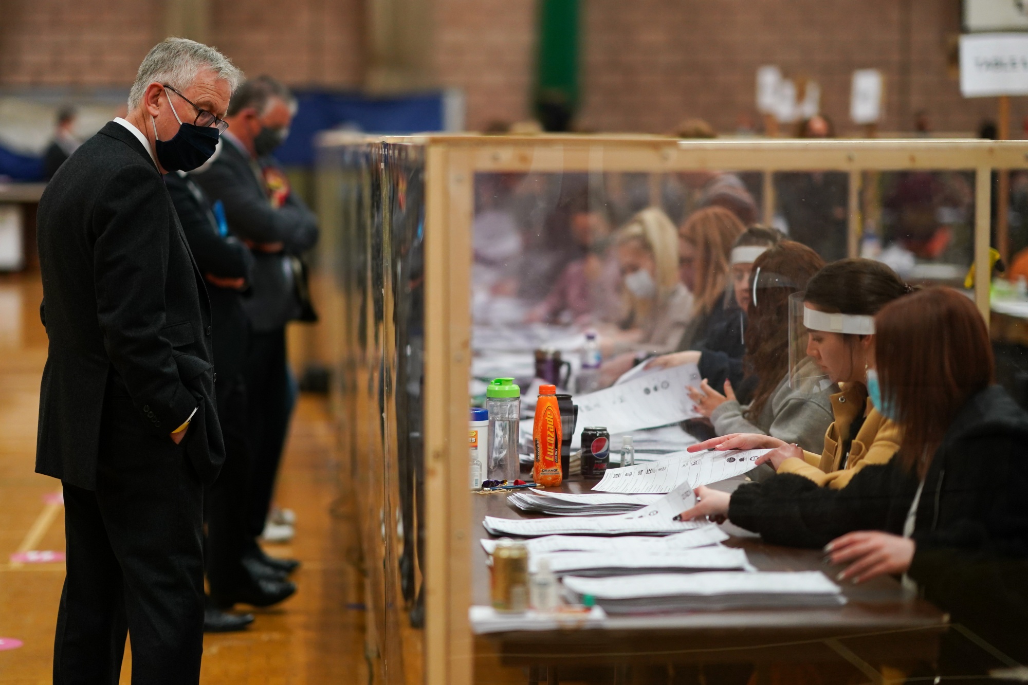 People observe as the count takes place for the Hartlepool Parliamentary By-election on May 7.