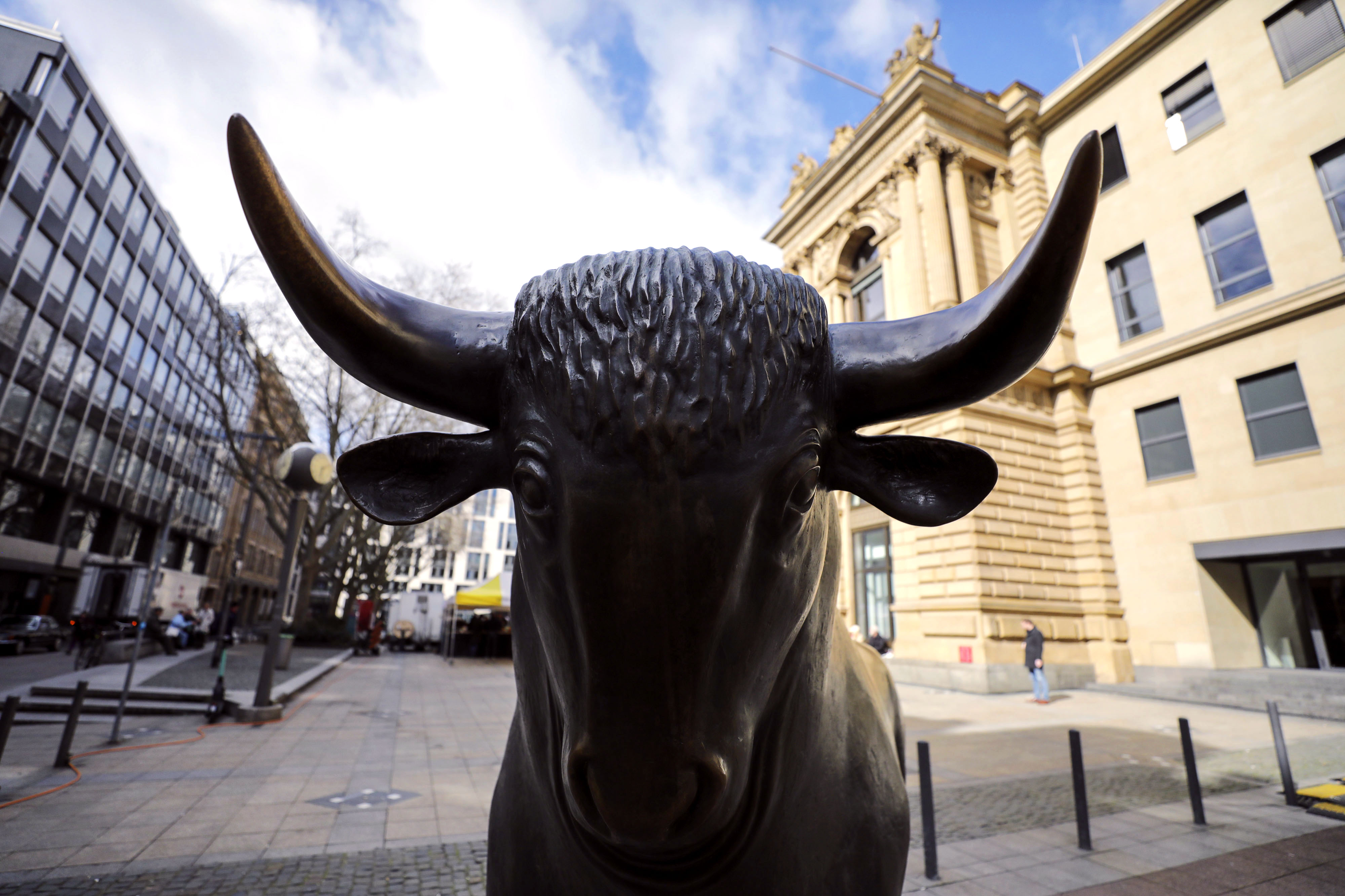 A bull statue stands outside the Frankfurt Stock Exchange.