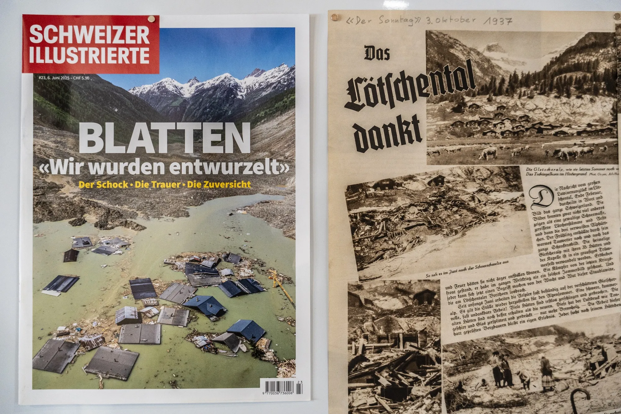 The headline on a cover of Swiss Magazine, says in German: We were uprooted. The shock, the grief, the hope. Next to it, is an older news clipping.