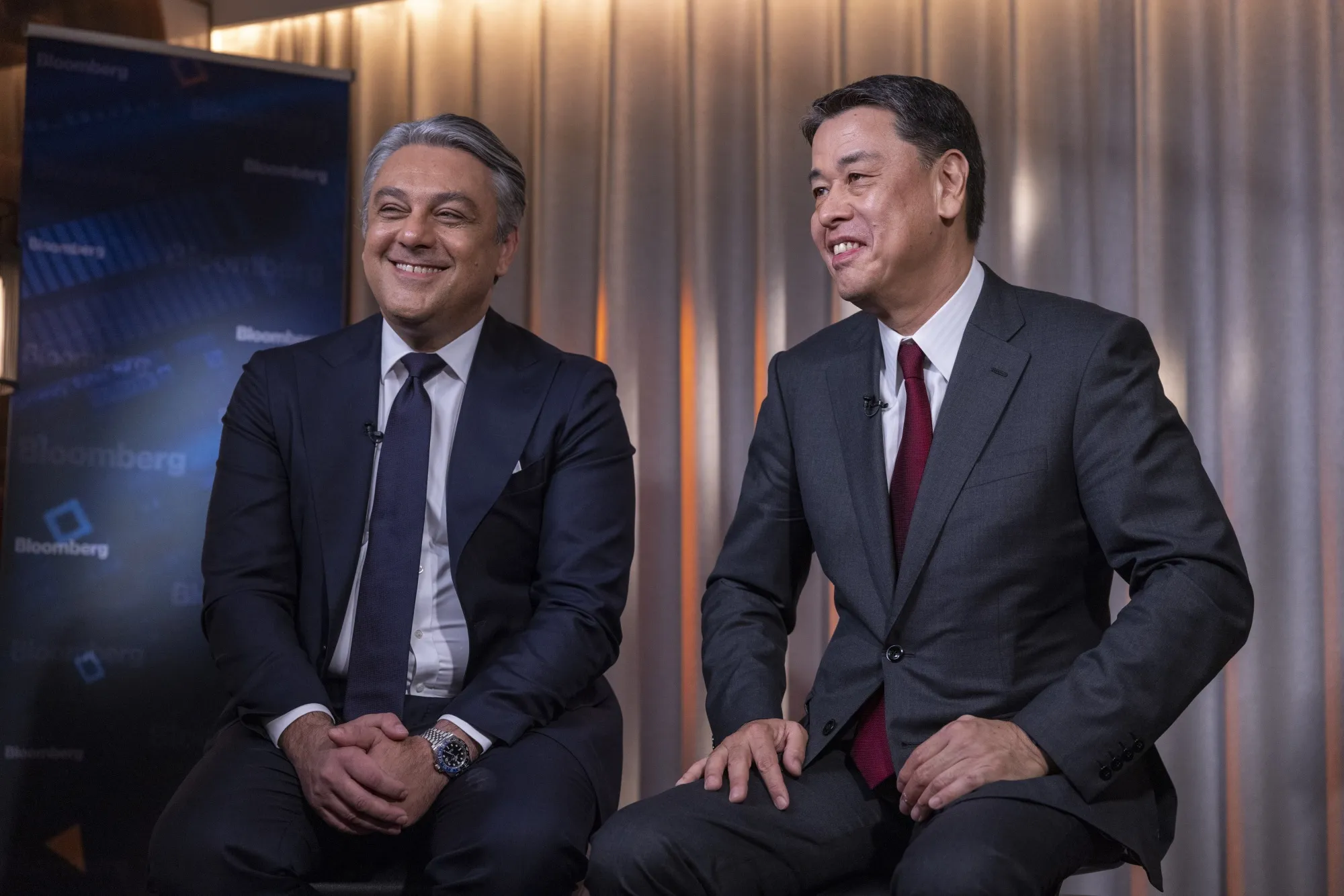 Renault CEO Luca de Meo, left, and Nissan CEO Makoto Uchida during their Bloomberg Television interview Monday in London.