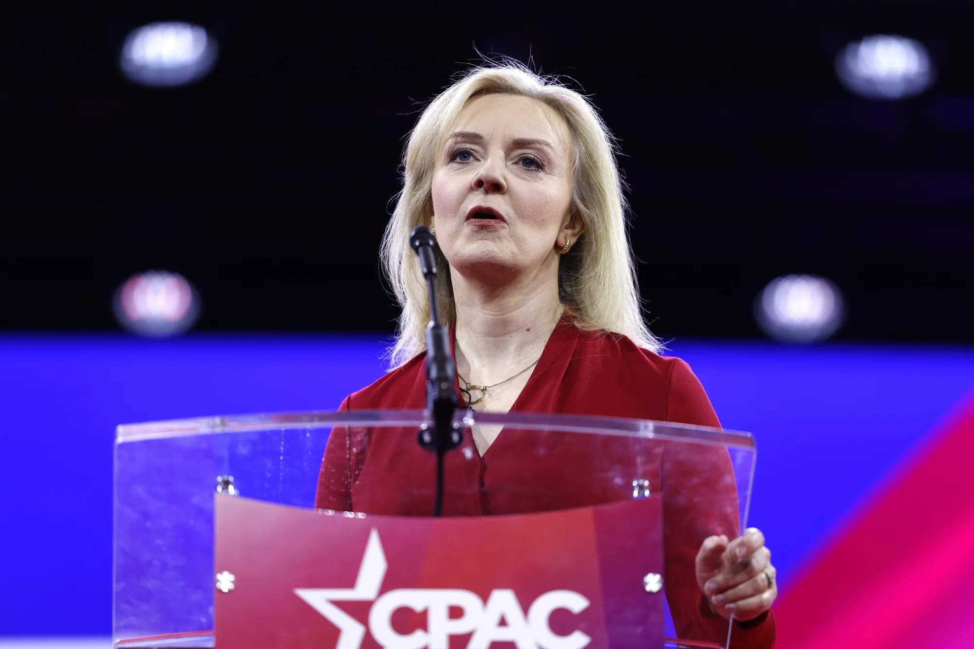 A legacy of former UK Prime Minister Liz Truss, shown here speaking in the US, is a skittish gilt market.