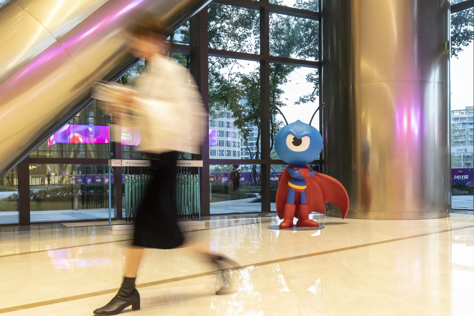 The mascot for Ant Financial is displayed in the lobby of the company’s headquarters in Hangzhou in 2019.