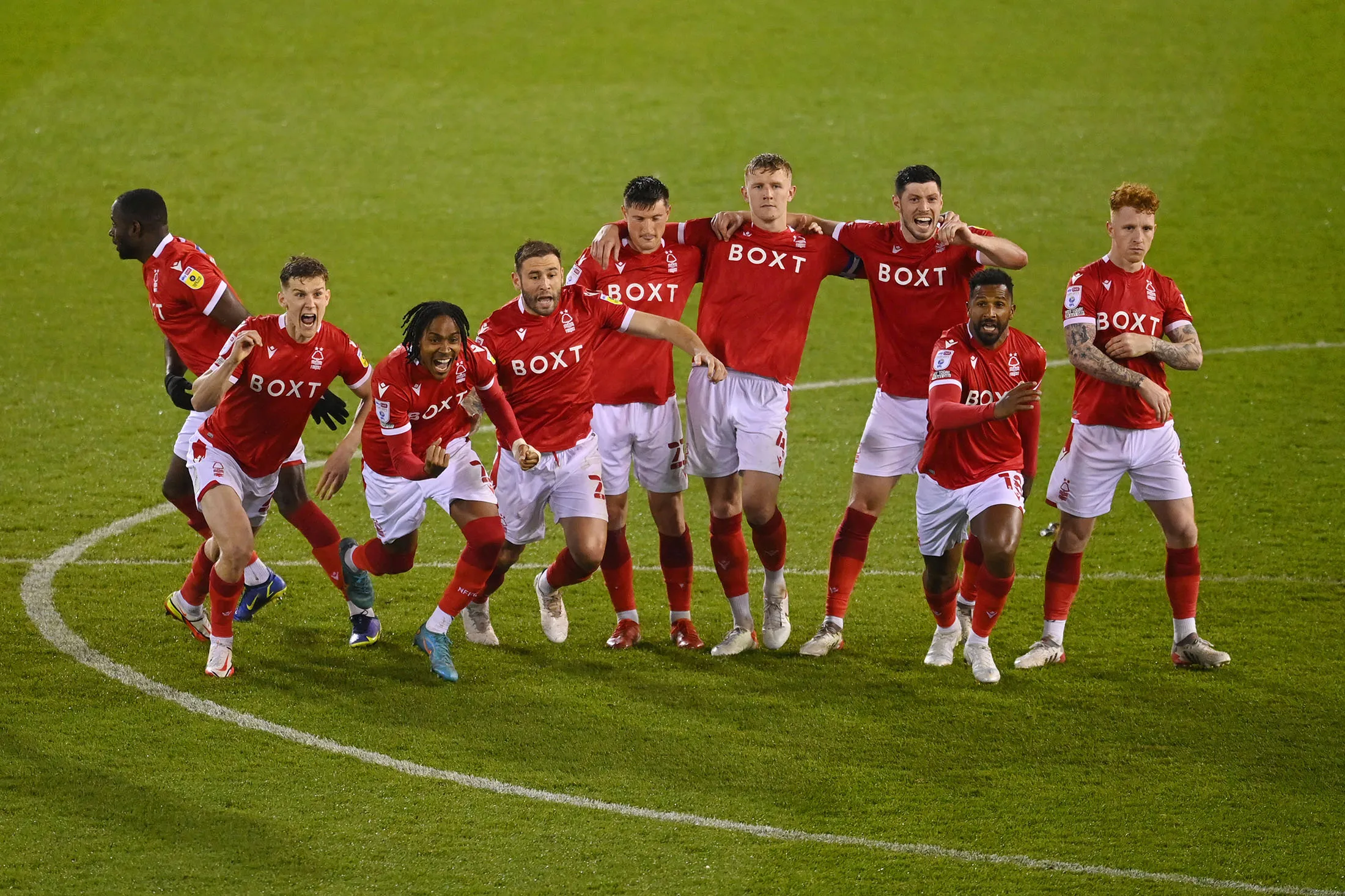 The Nottingham&nbsp;Forest team celebrate winning a penalty shoot out to advance to the play off final at City Ground in Nottingham, UK, on May 17
