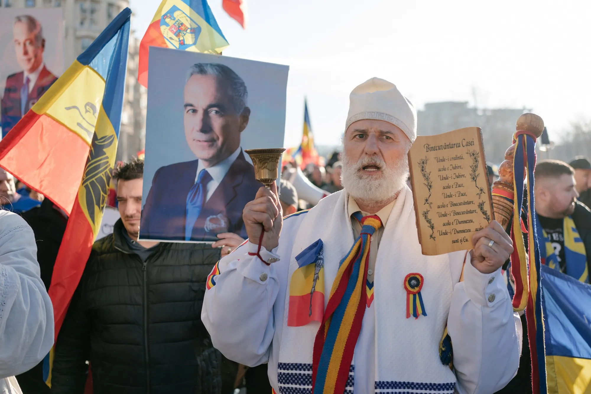 Supporters of Calin Georgescu gather in Bucharest&nbsp;on Jan. 10.