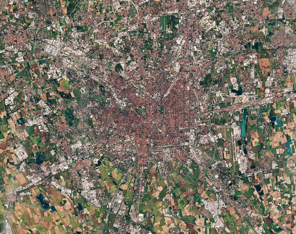 Milanâs rooftops rendered by the European Space Agencyâs CORINA Land Cover satellite service.