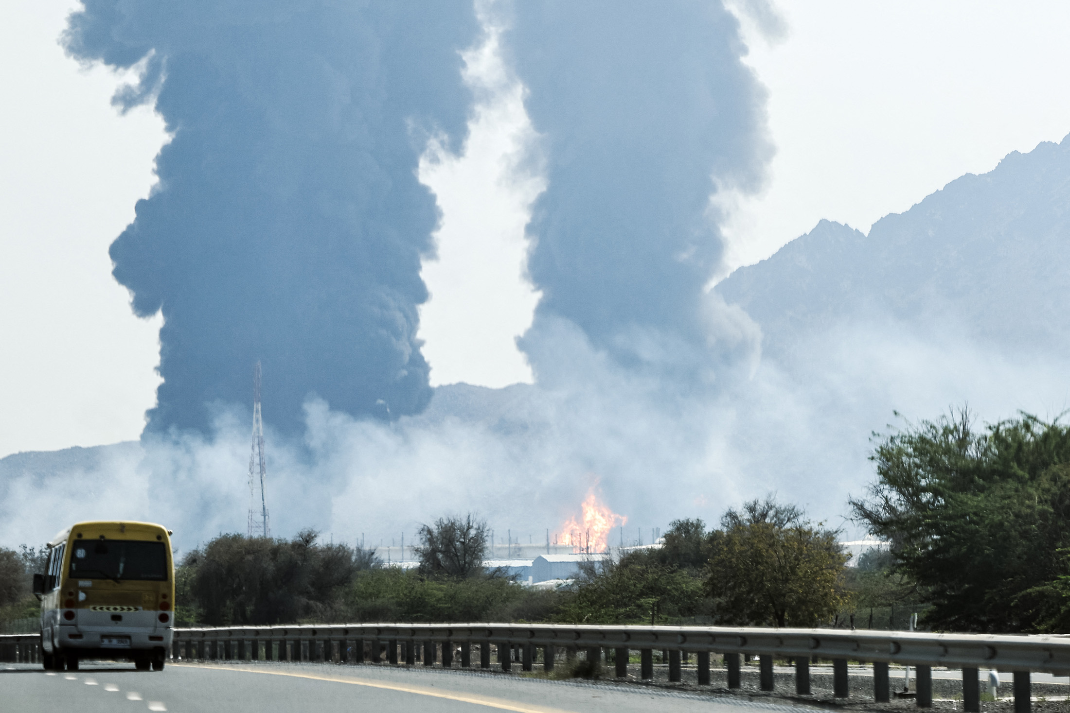Smoke and flames rise from an energy installation in Fujairah, United Arab Emirates, on March 14, 2026.