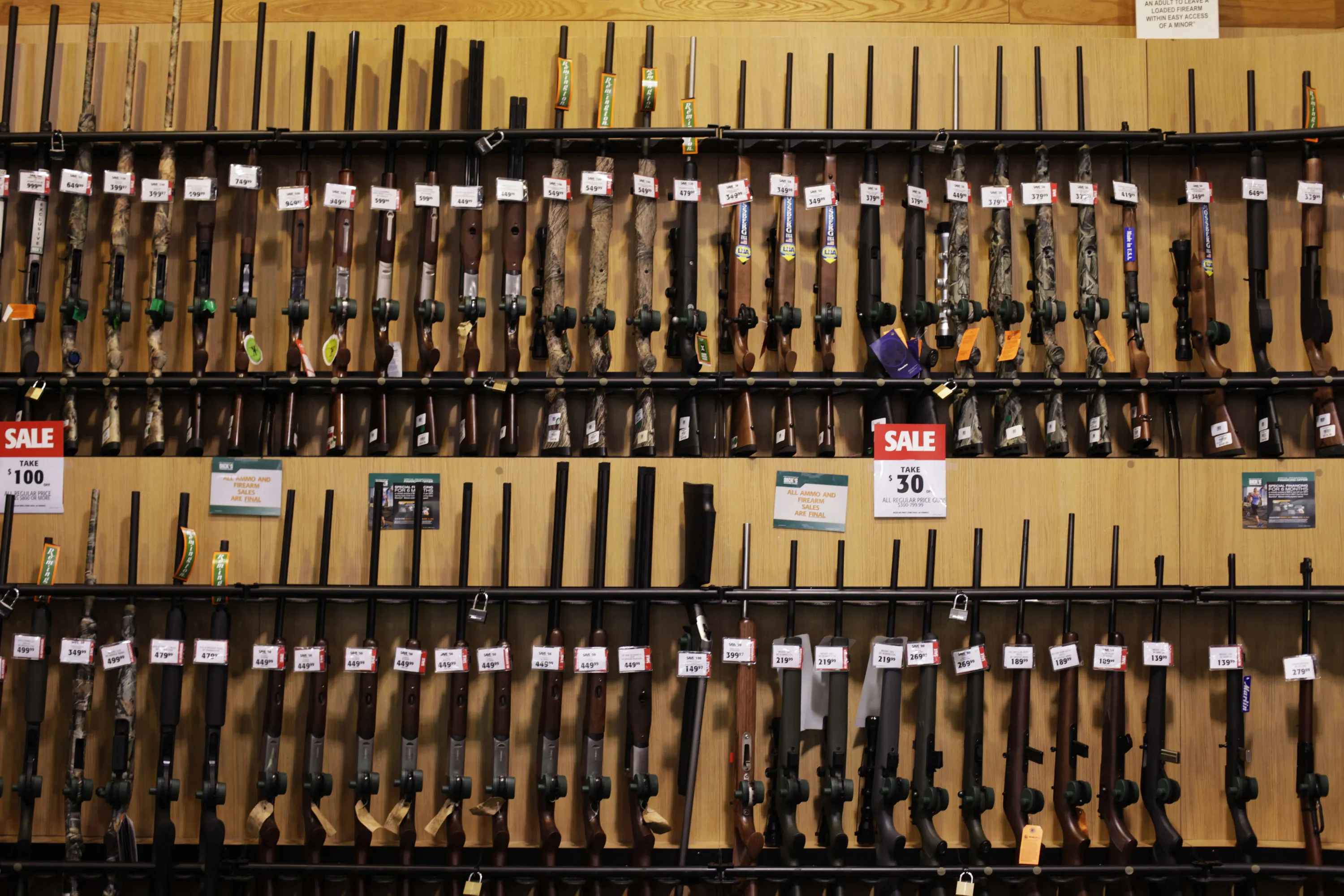 Guns on display at a Dick's Sporting Goods Inc. store in Paramus, New Jersey, on March 6, 2012.
