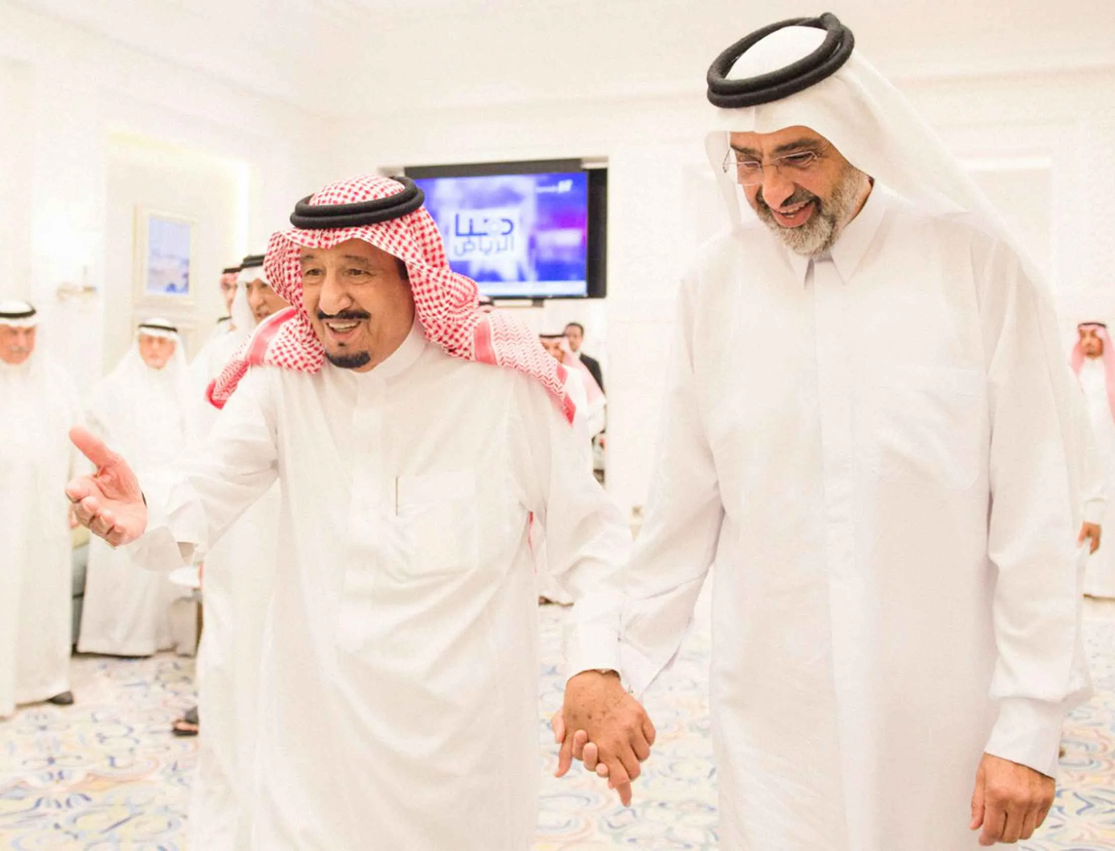 From left, Saudi Arabia’s King Salman with Sheikh Abdullah Bin Ali Al-Thani of Qatar. In 1972, the sheikh’s brother was overthrown as Qatar’s first ruler by the grandfather of the country’s current emir.