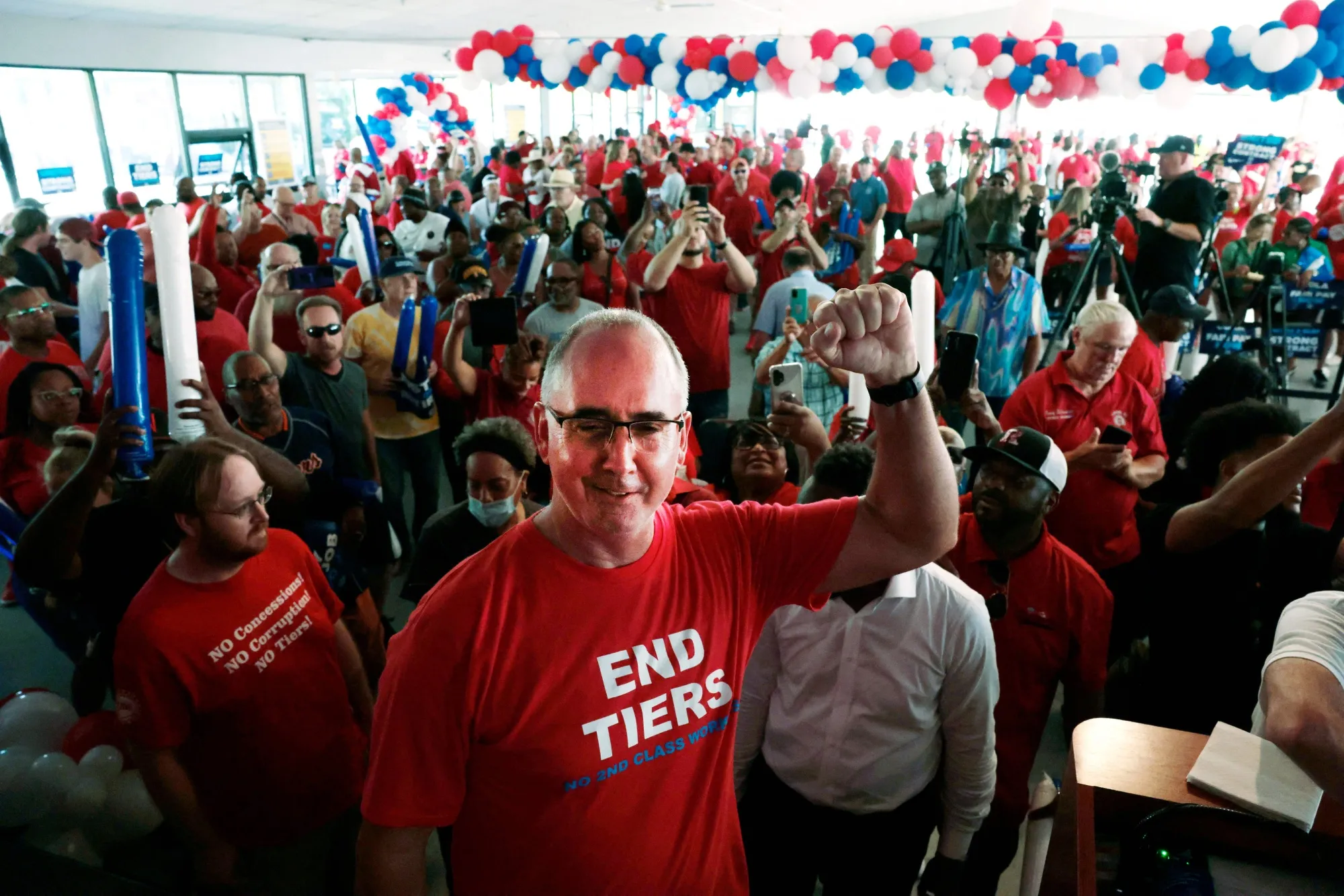 Shawn Fain speaks as UAW members and supporters gather for a rally&nbsp;in Warren, Michigan in Aug. 2023.&nbsp;