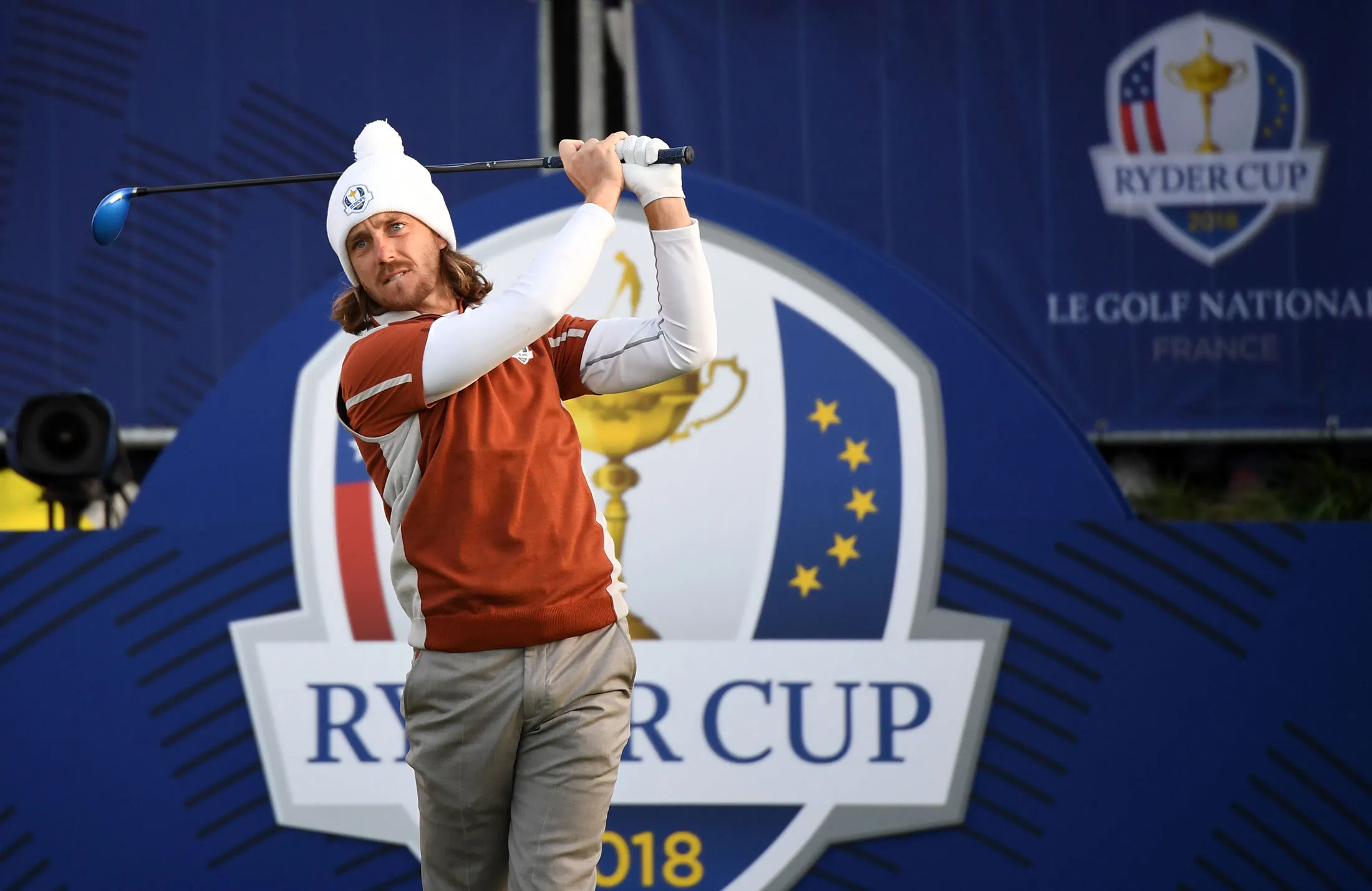 Tommy Fleetwood plays a tee shot during his fourball match on the second day of the 42nd Ryder Cup on Sept. 29.&nbsp;