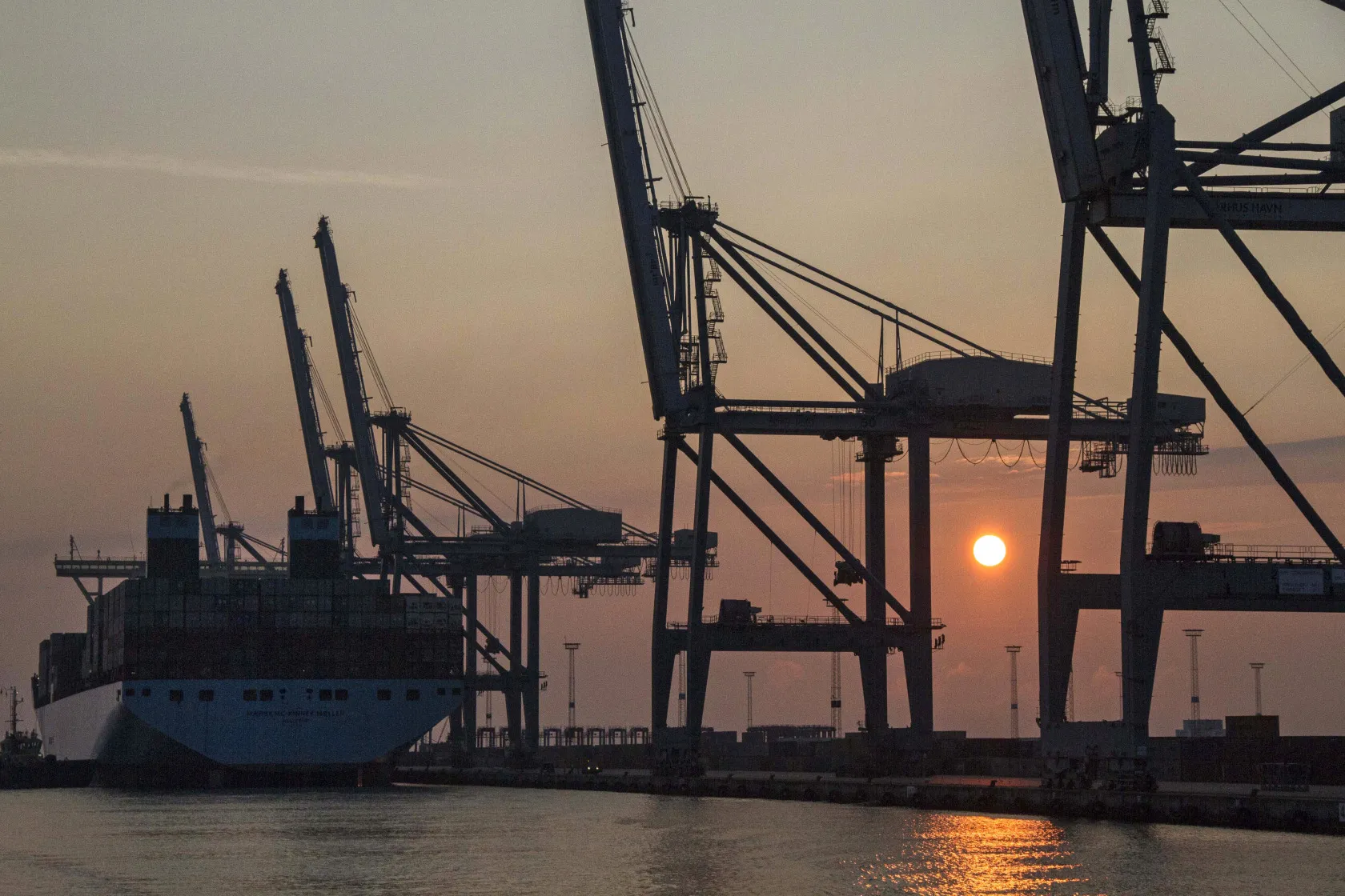 A container ship at the port of Aarhus, Denmark.