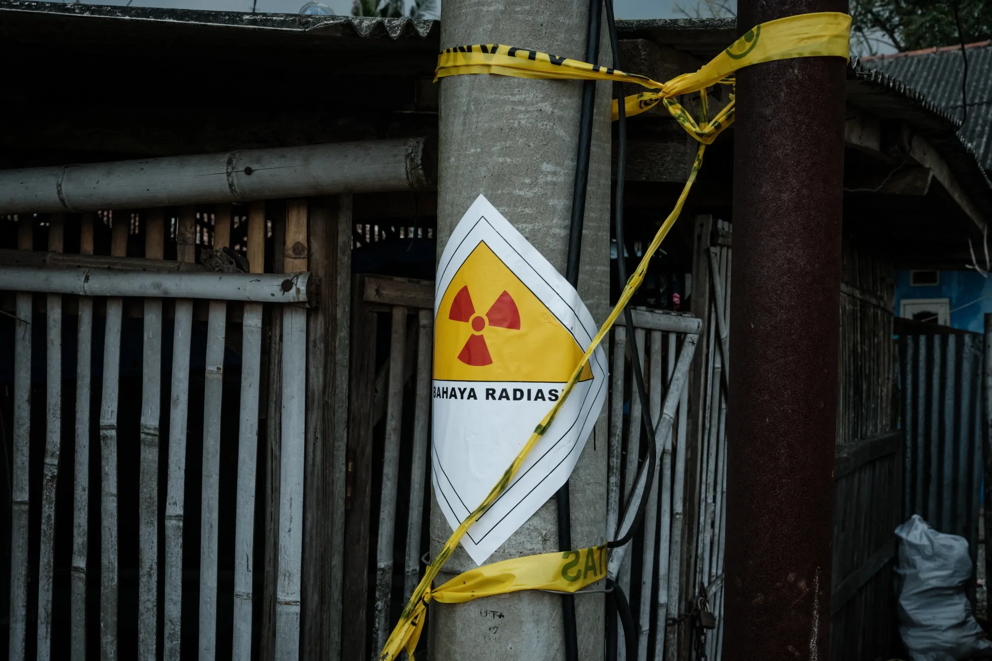 A radioactivity warning sign at an industrial estate where cesium-137 contamination was detected, in Sukatani, Indonesia, in October.&nbsp;