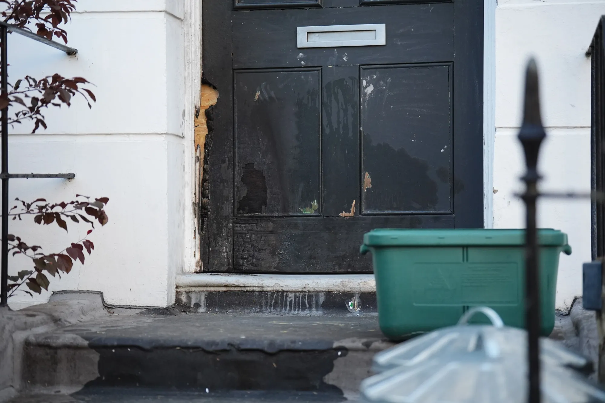 A view of the entrance of a property linked to Keir Starmer&nbsp;after a suspected arson attack.&nbsp;