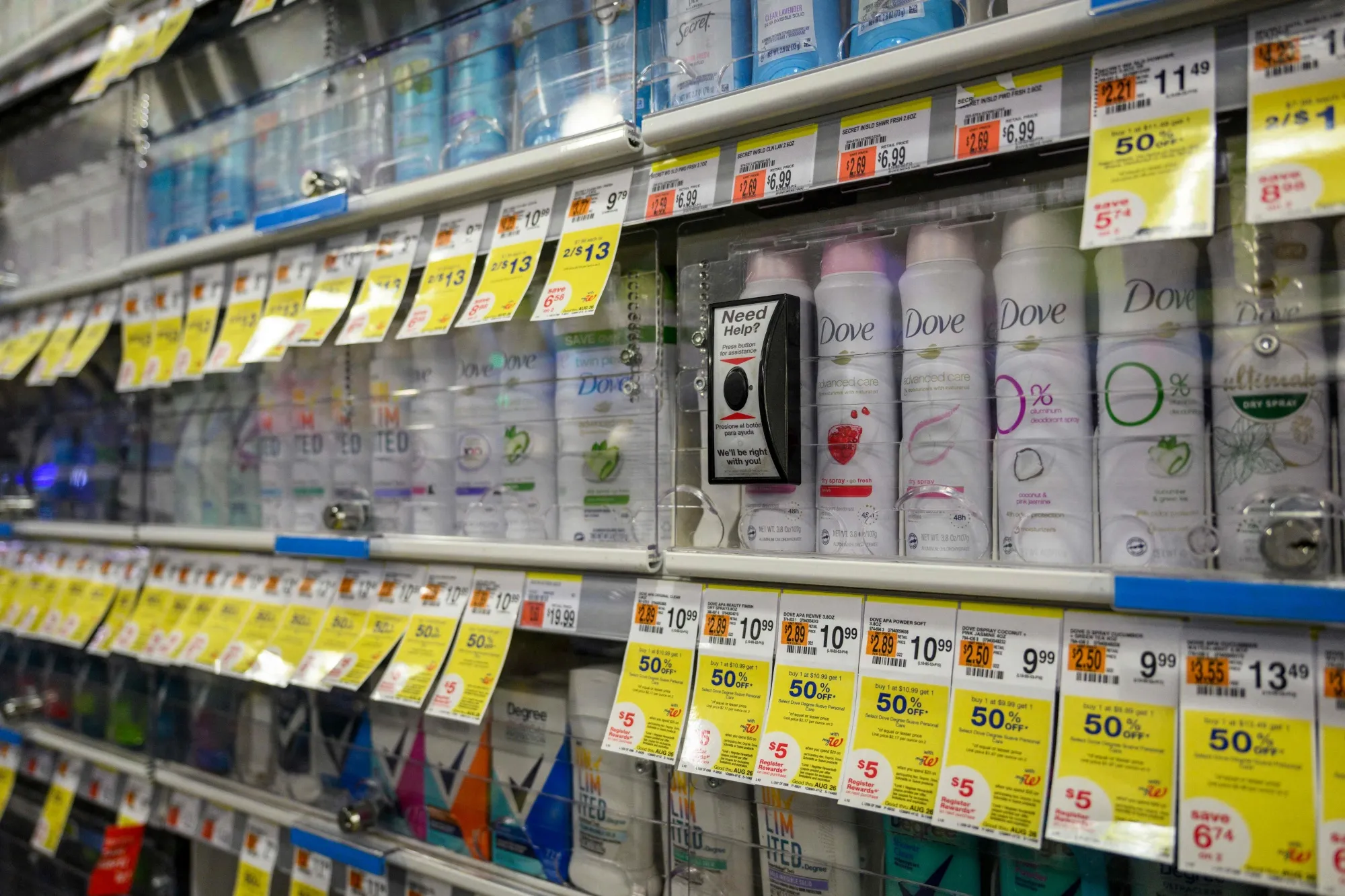 Locked cases at a Duane Reade in New York in 2023.