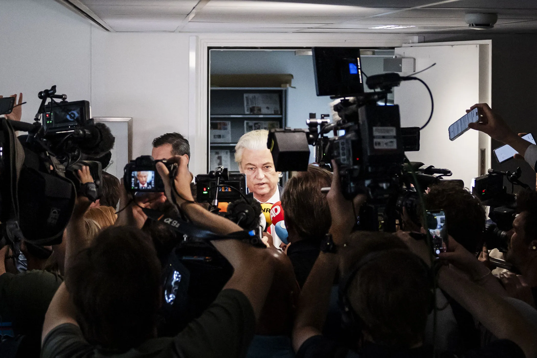 Geert Wilders speaks to members of the media in The Hague, on June 3.
