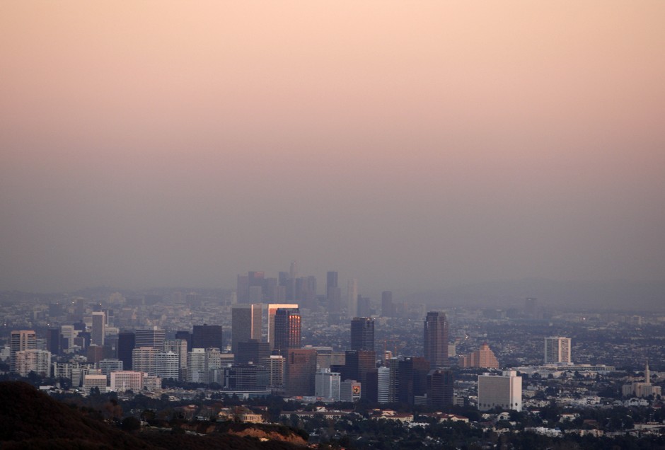 Century City and downtown Los Angeles seen through smog.