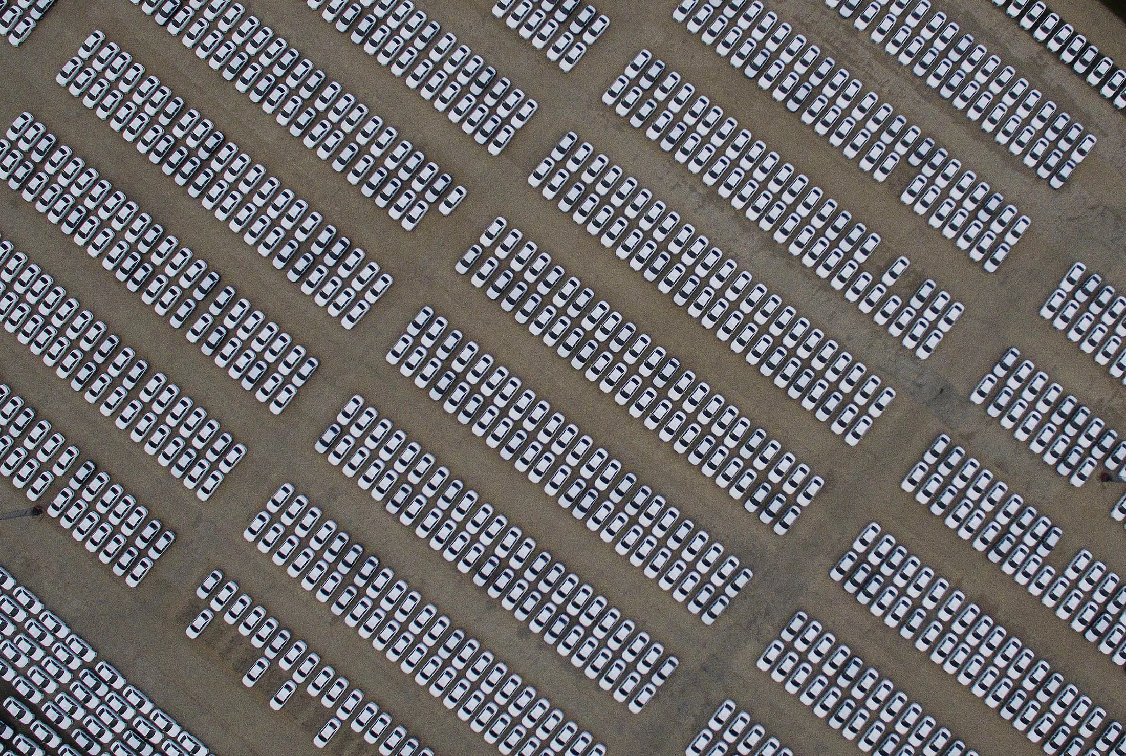Aerial View of Audi cars in FAW-Volkswagen Changchun plant parking lot.
