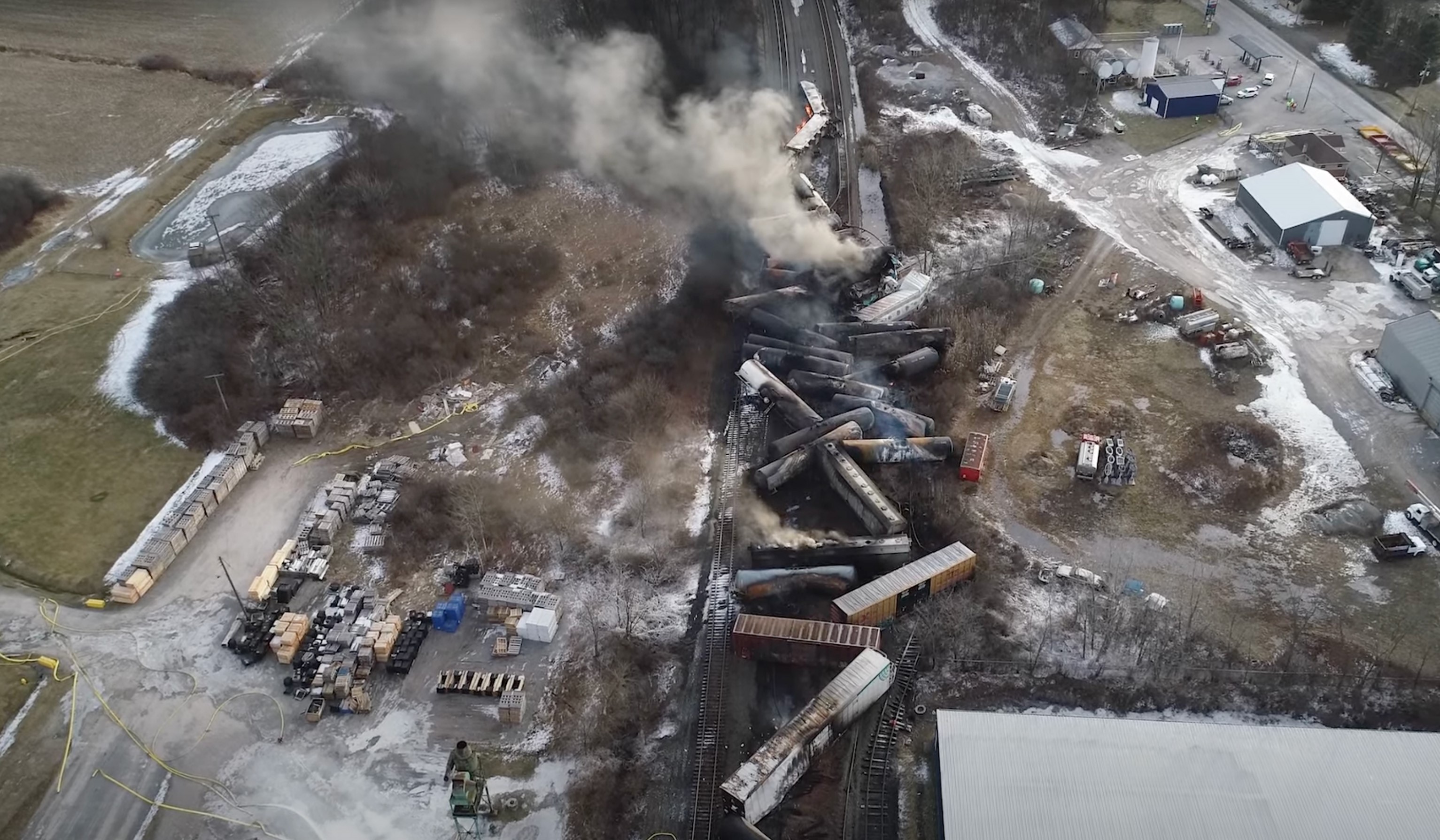 The site of a derailed freight train in East Palestine, Ohio in February.