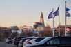 Icelandic national flags in Reykjavik, Iceland.