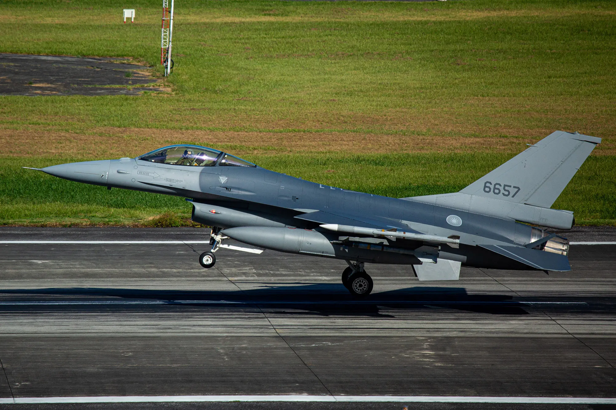A Taiwanese F-16 Fighting Falcon fighter jet at Hualien Air Force Base in Hualien, Taiwan,&nbsp; on Aug. 6.&nbsp;