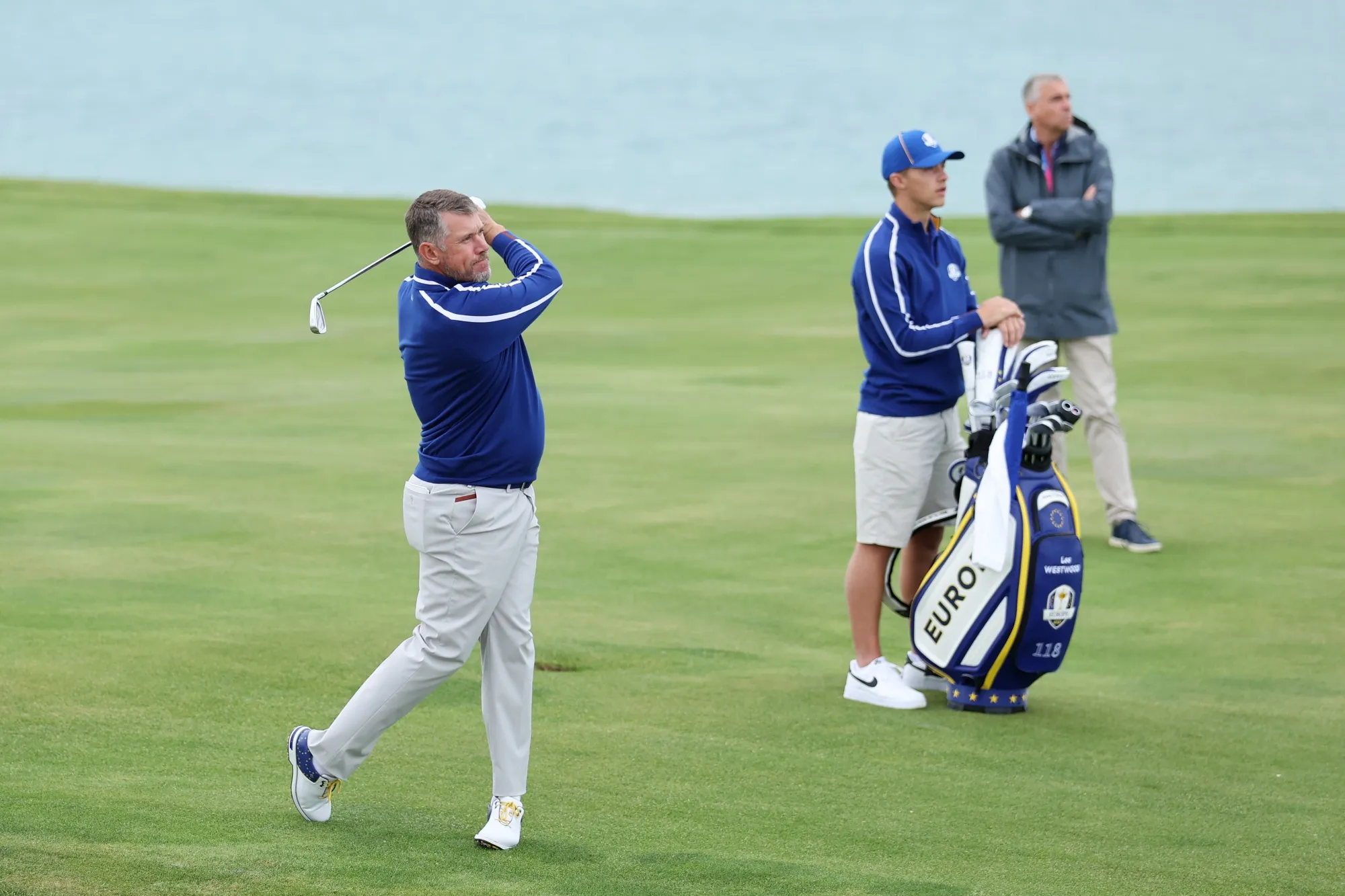 Lee Westwood plays his shot on the 16th hole prior to the 43rd Ryder Cup in Kohler, Wisconsin,&nbsp;on Sept. 21.