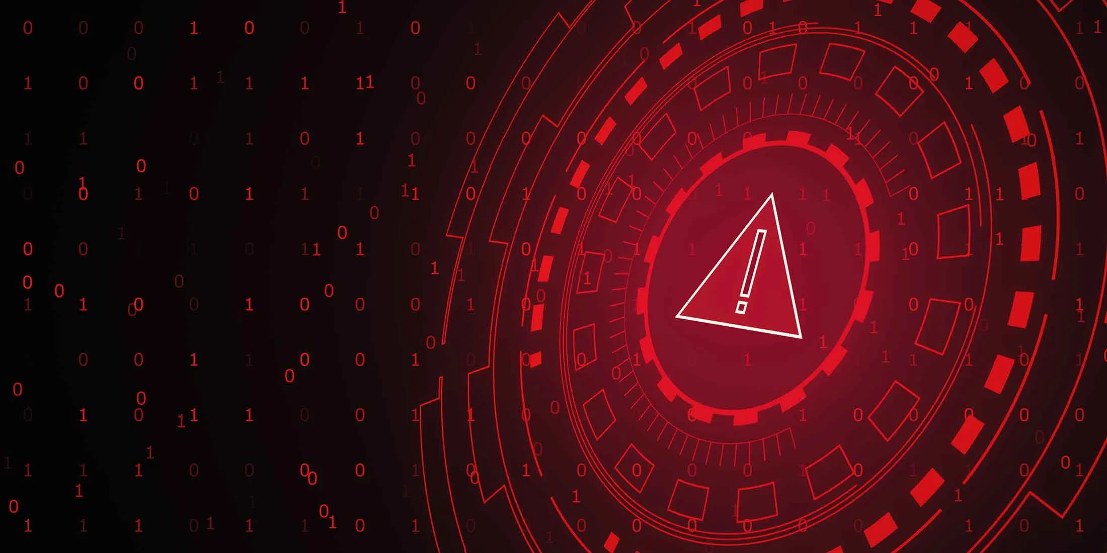 Red digital warning sign with an exclamation mark on a dark binary code background.