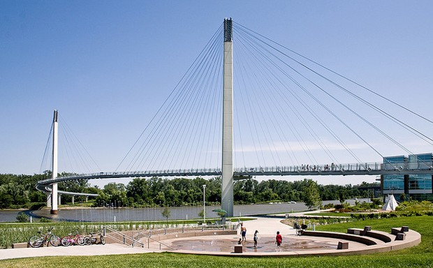 The Bob Kerrey Pedestrian Bridge is a 3,000-foot structure for walkers and cyclists connecting Nebraska and Iowa.