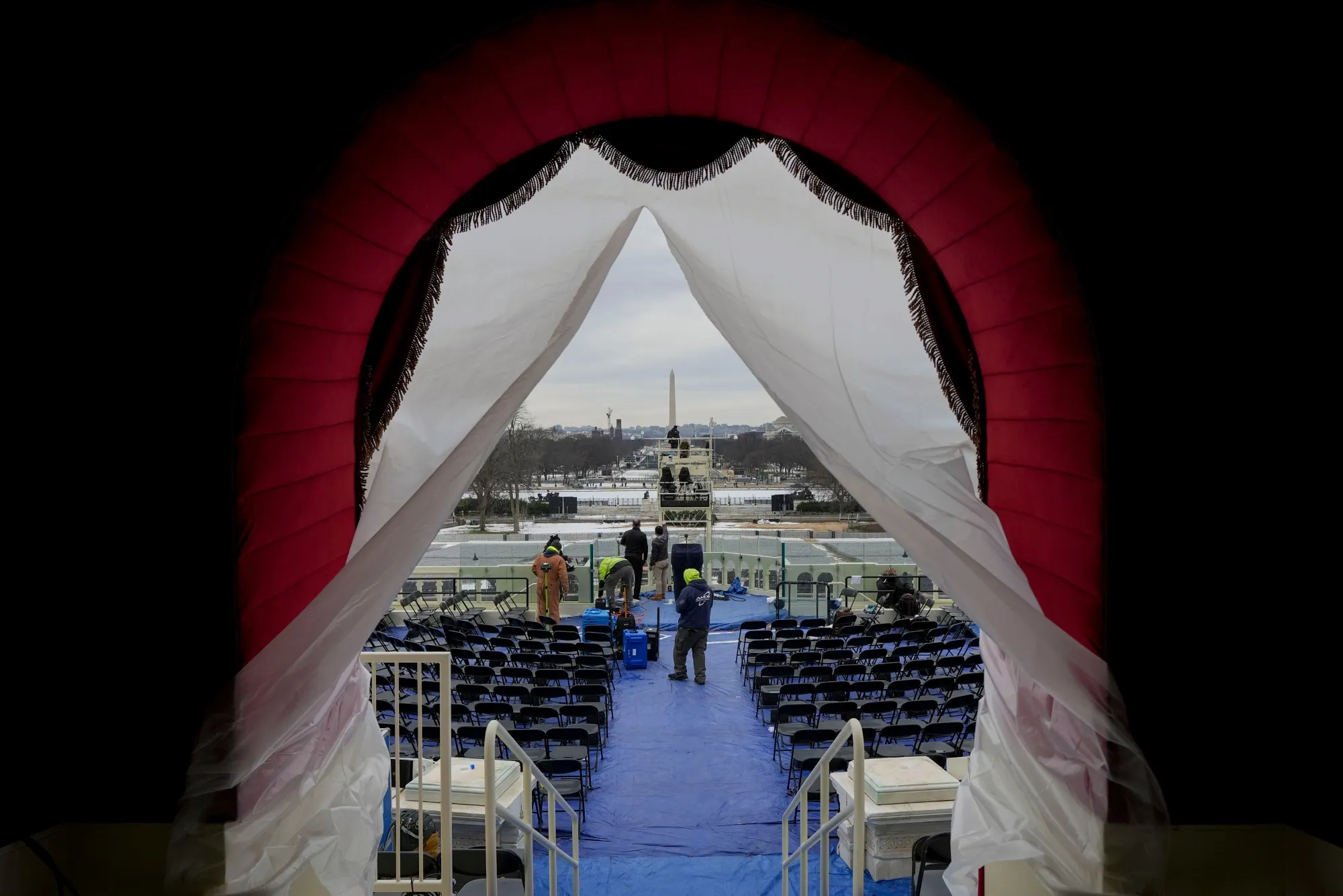 Workers ahead of the 60th presidential inauguration in Washington, DC, on Jan. 17.