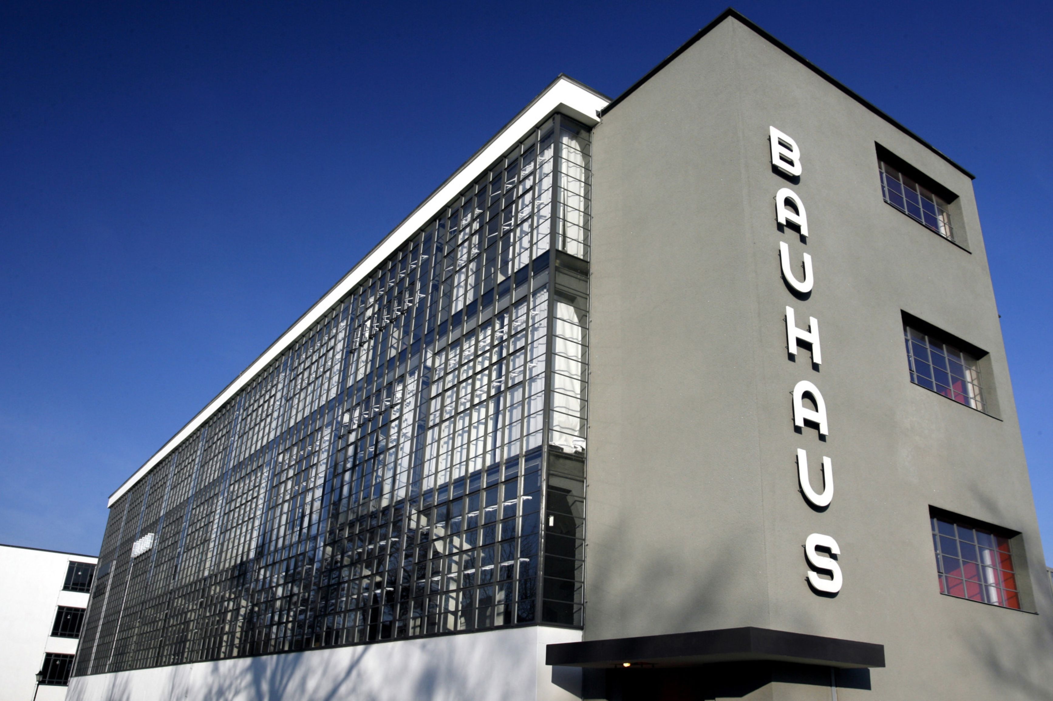 The exterior of the renovated Bauhaus building, designed by Walter Gropius,&nbsp;in Dessau, Germany.