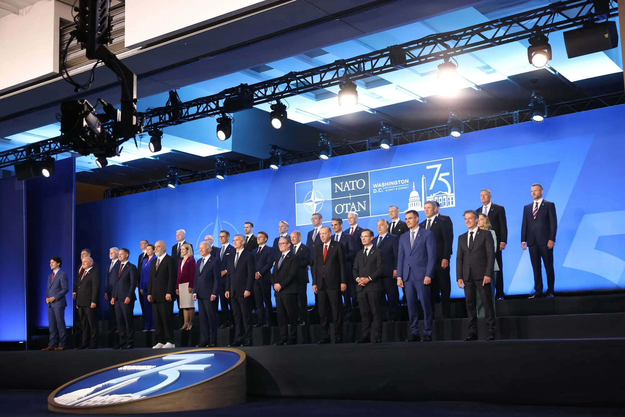 Joe Biden, center left, stands for a group photo with NATO leaders during the NATO Summit in Washington.