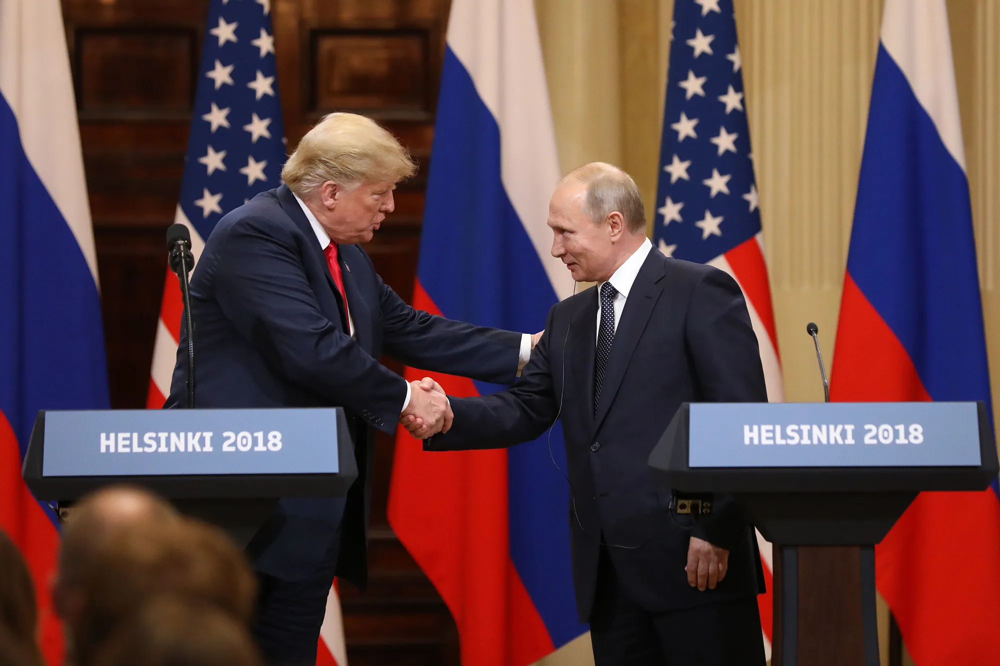 Donald Trump, left, and Vladimir Putin in 2018