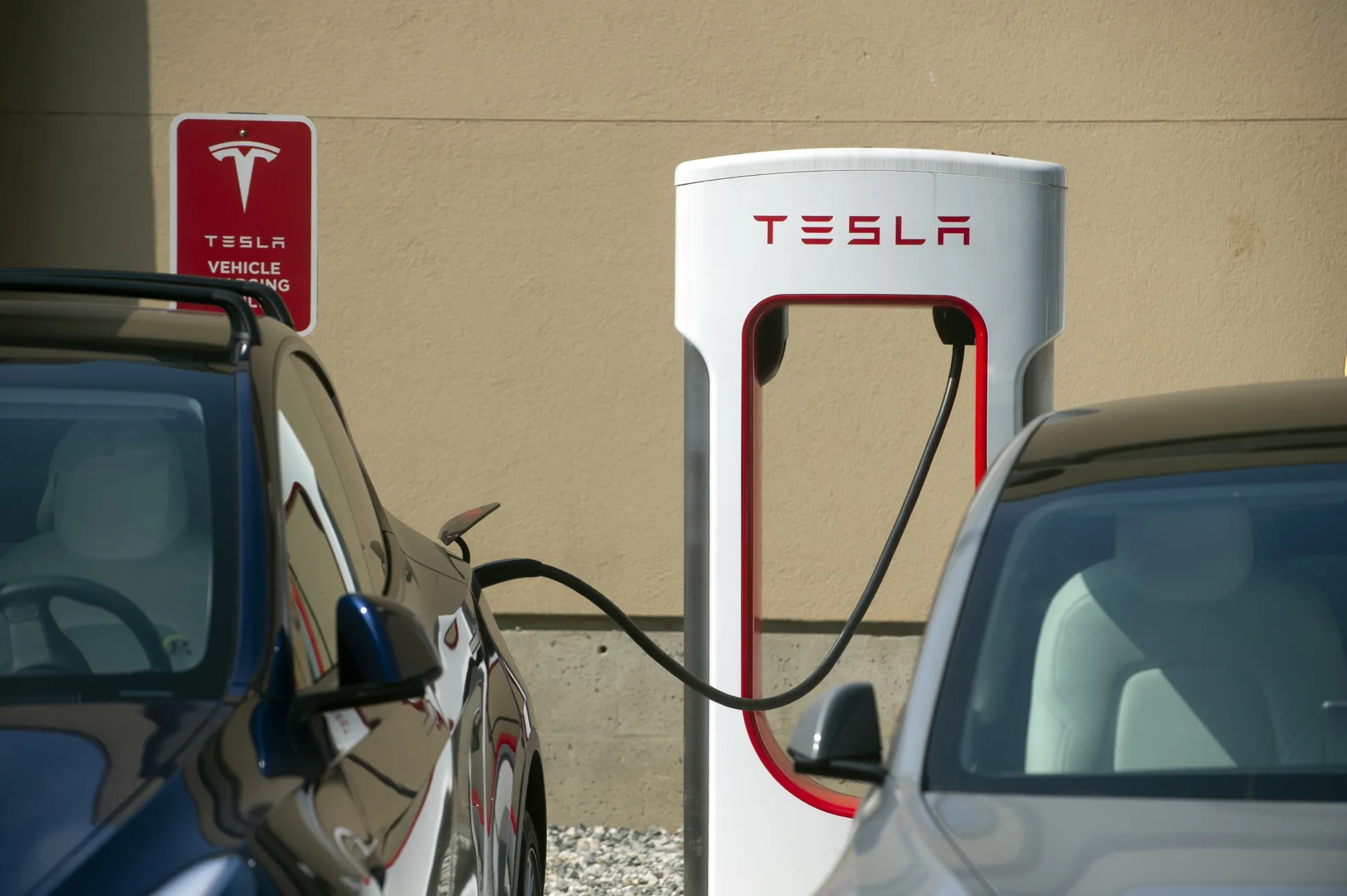 A Tesla Supercharger station in North Vancouver, British Columbia, Canada.