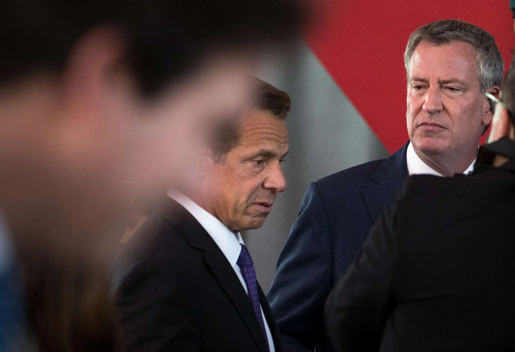 New York Governor Andrew Cuomo, left, and New York City Mayor Bill de Blasio, attend an event on Roosevelt Island in New York City on Sept. 13.

