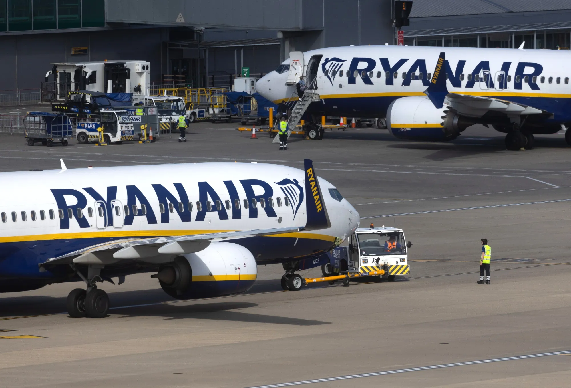 Ryanair passenger jets at London Stansted Airport.